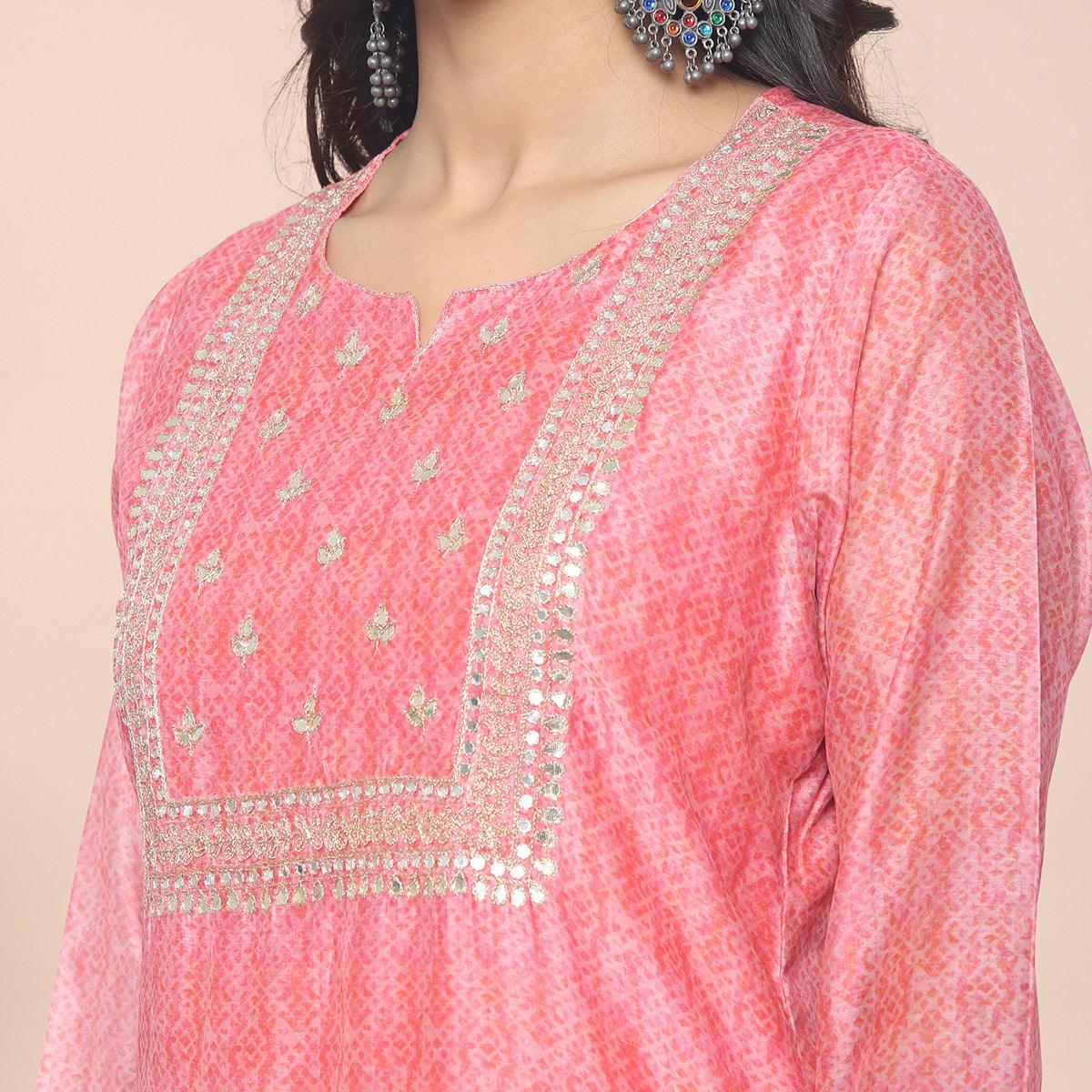 Peach Partywear Printed With Gotta Patti Cotton Silk Kurti Pant Set With Dupatta - Peachmode