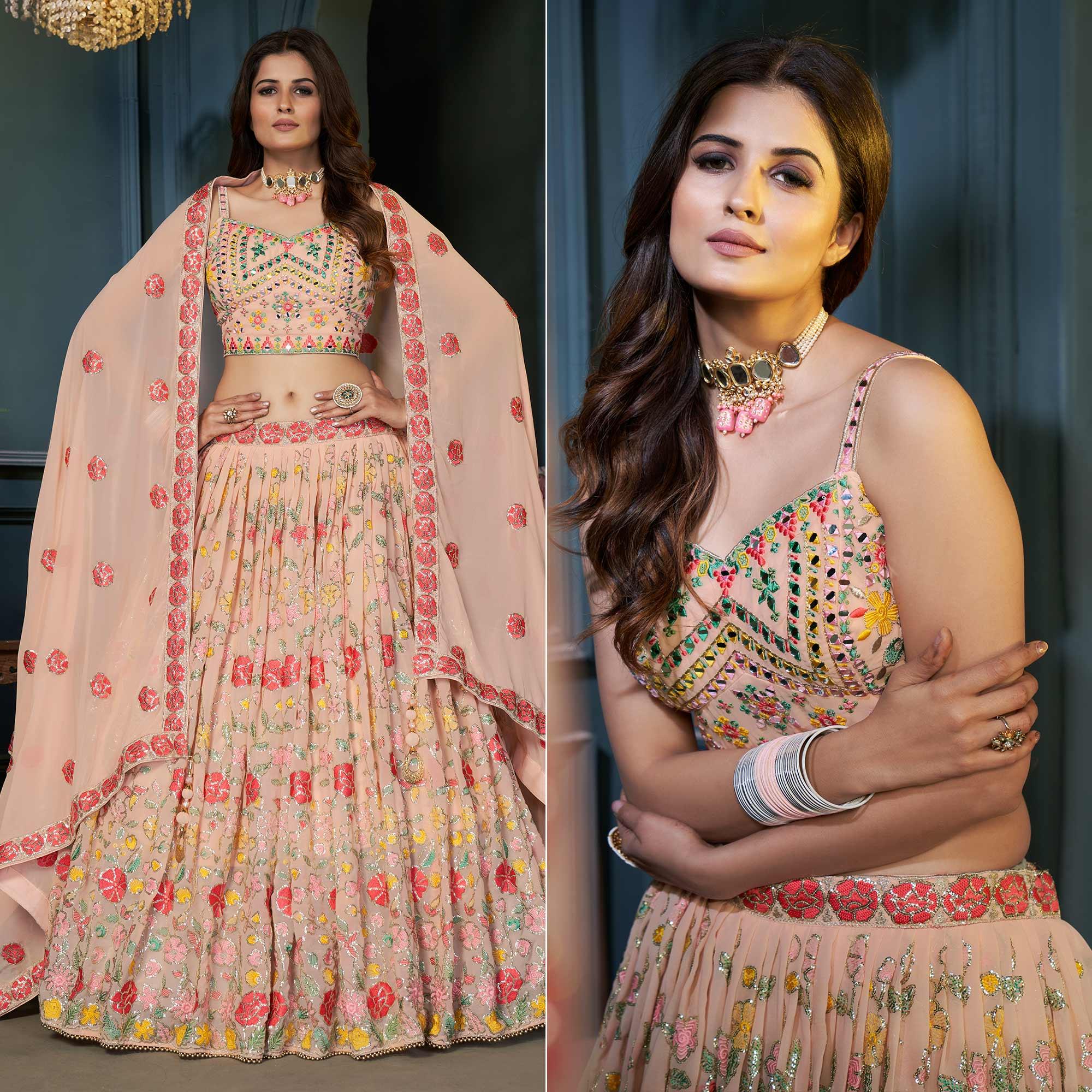 Peach Partywear Resham Sequence Georgette Lehenga Choli - Peachmode