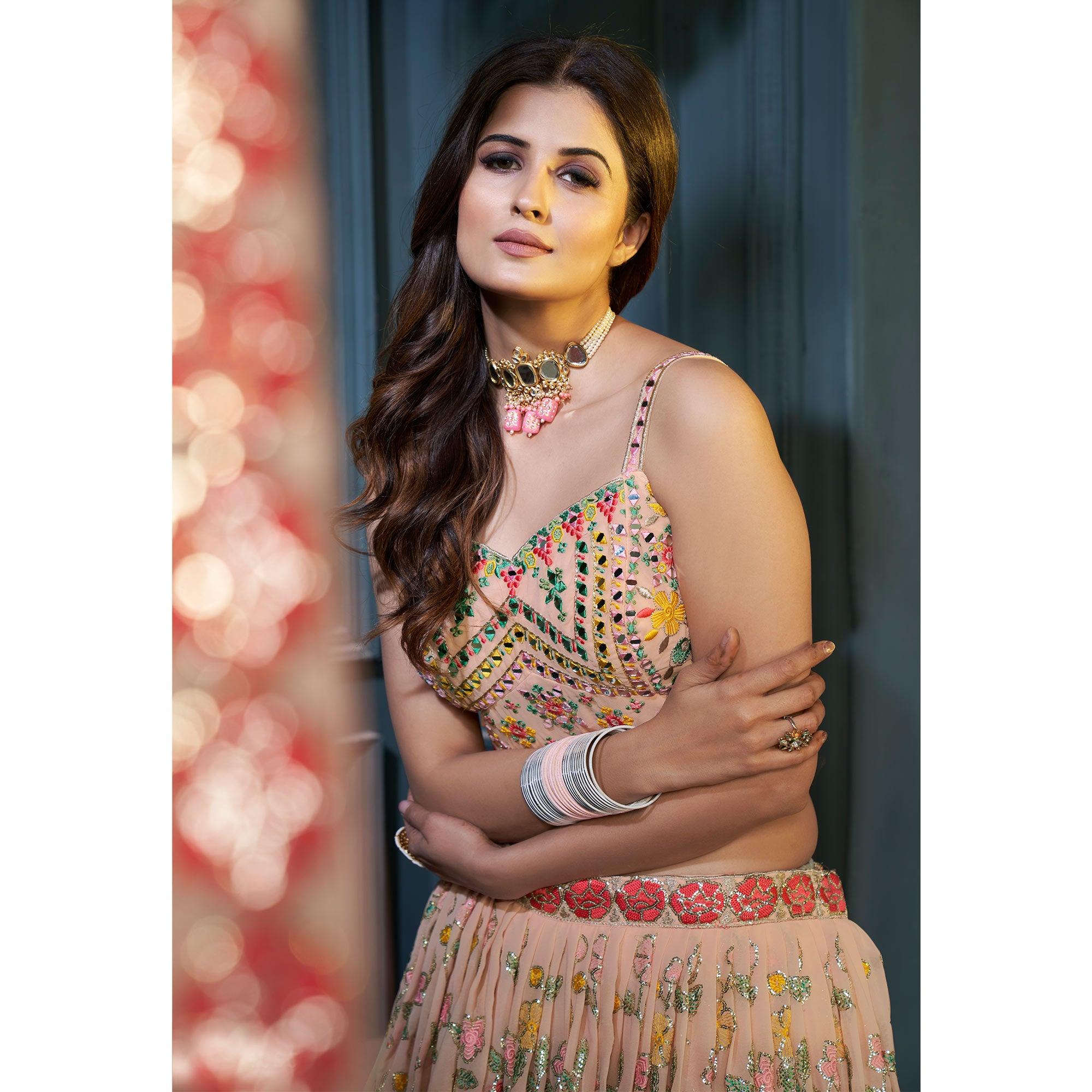 Peach Partywear Resham Sequence Georgette Lehenga Choli - Peachmode