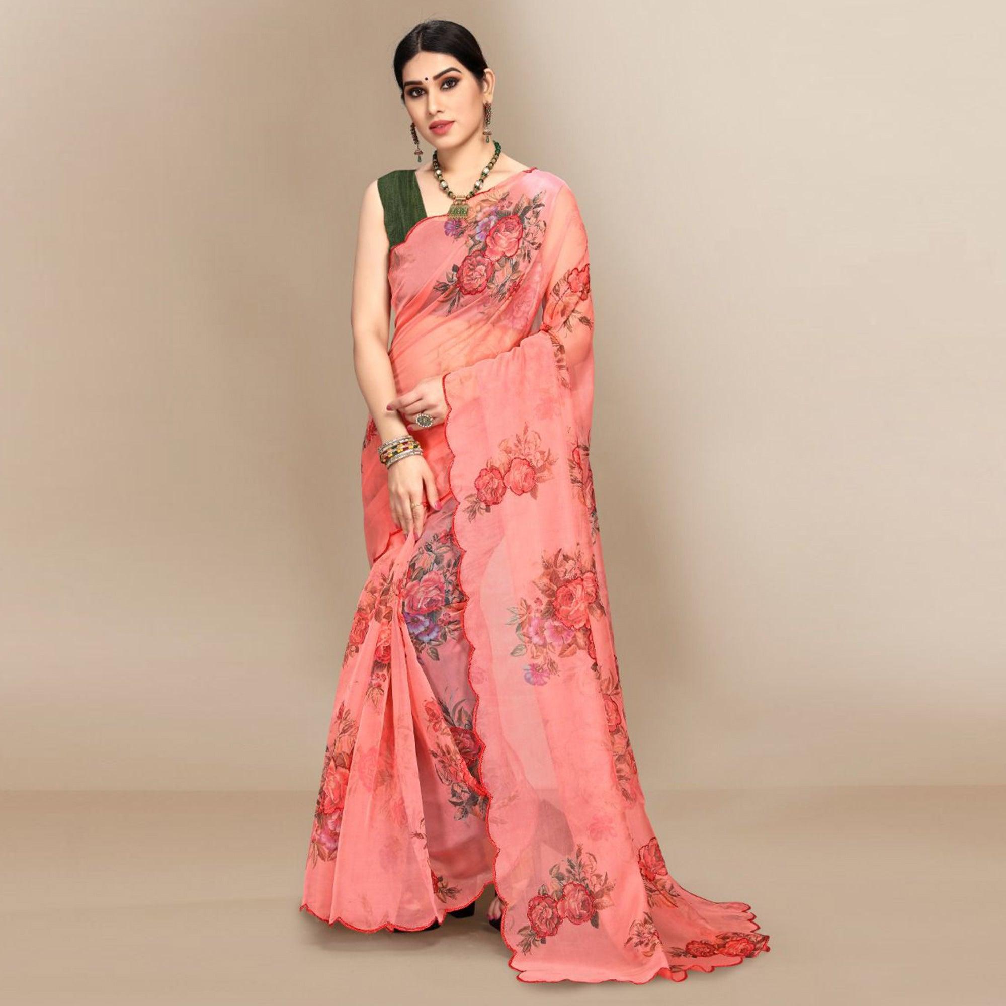 Peach Partywear Sequence & Printed Organza Saree - Peachmode
