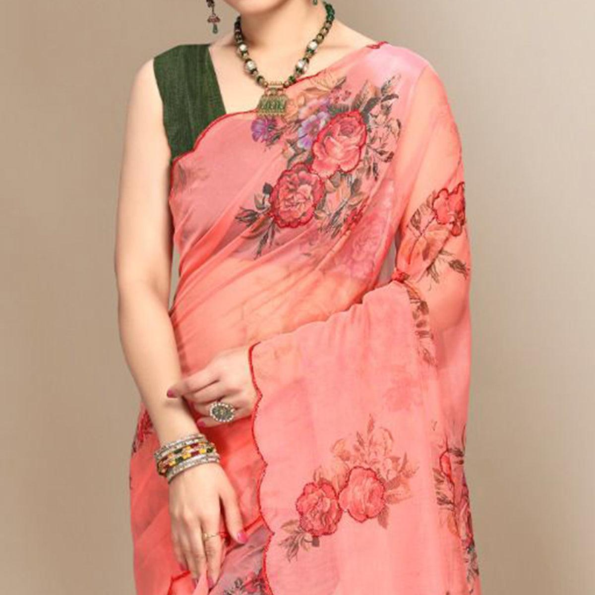 Peach Partywear Sequence & Printed Organza Saree - Peachmode