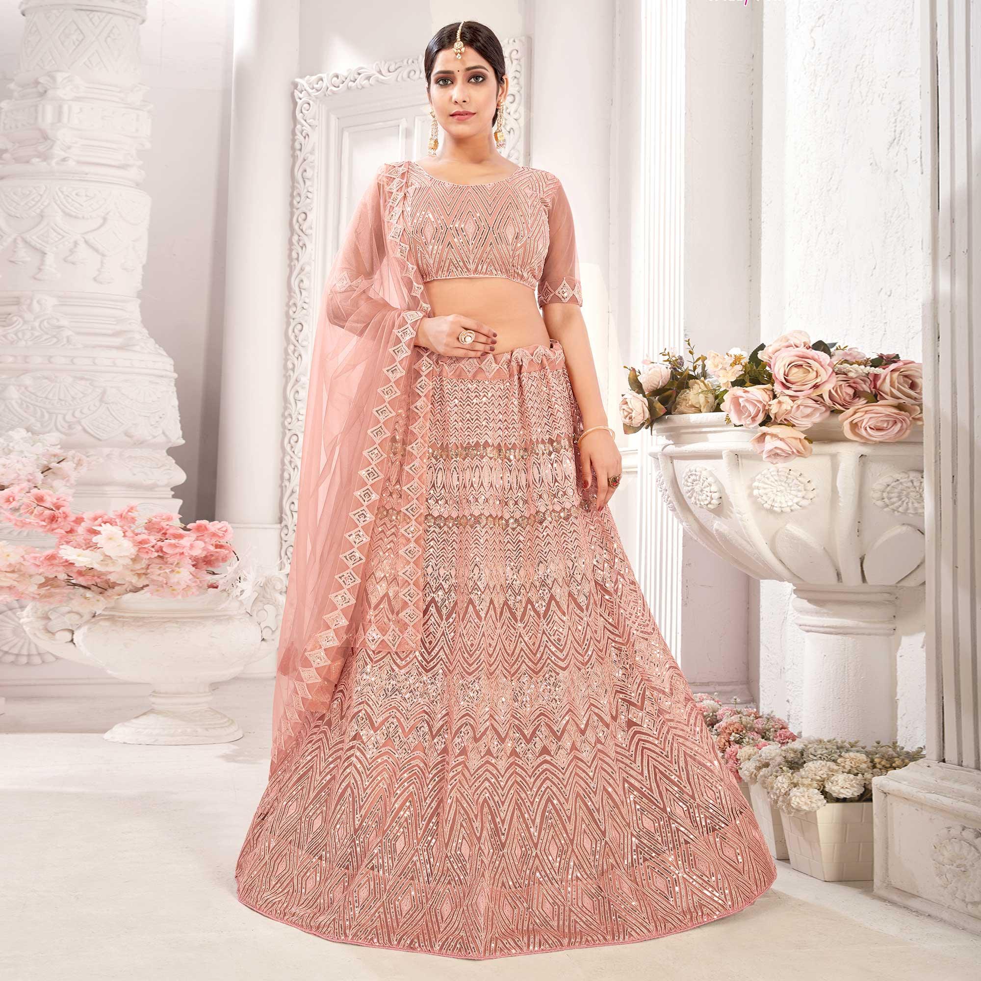 Peach Partywear Sequence Embroidered Net Lehenga Choli - Peachmode