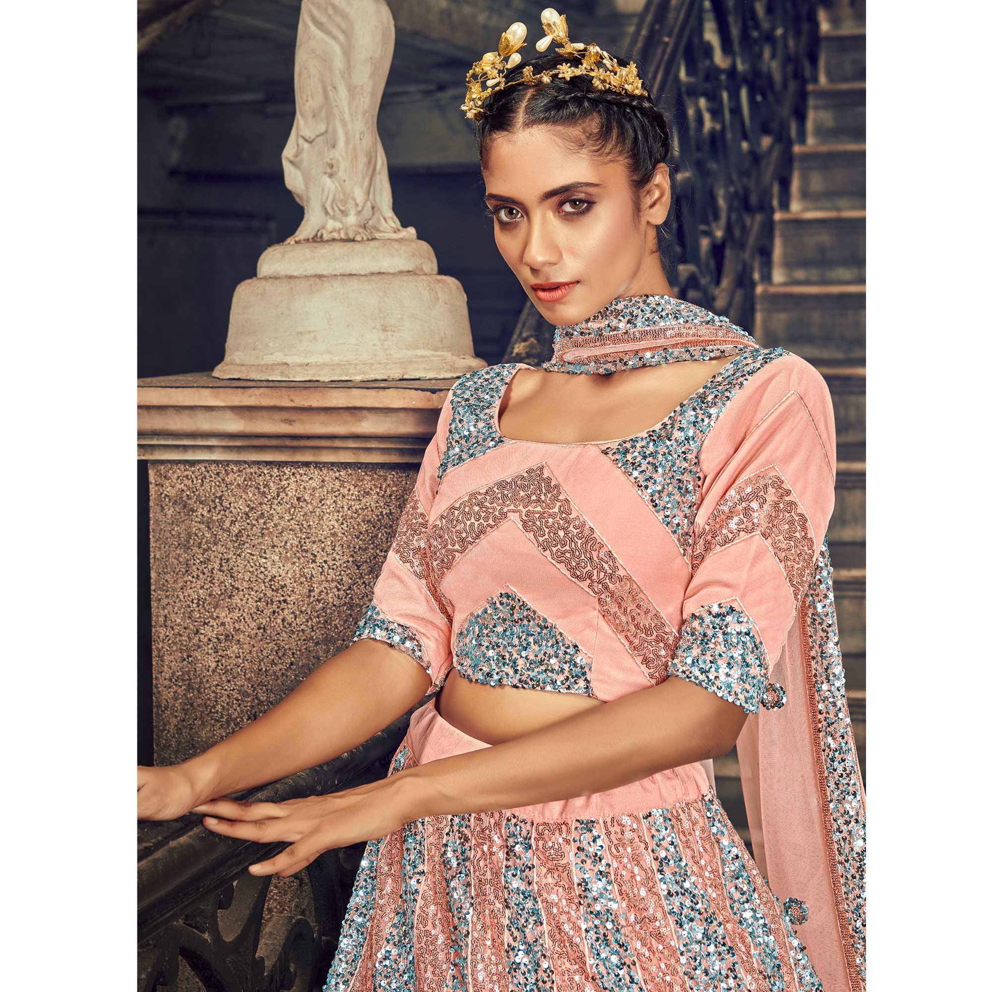 Peach Partywear Sequence Embroidered Net Lehenga Choli - Peachmode
