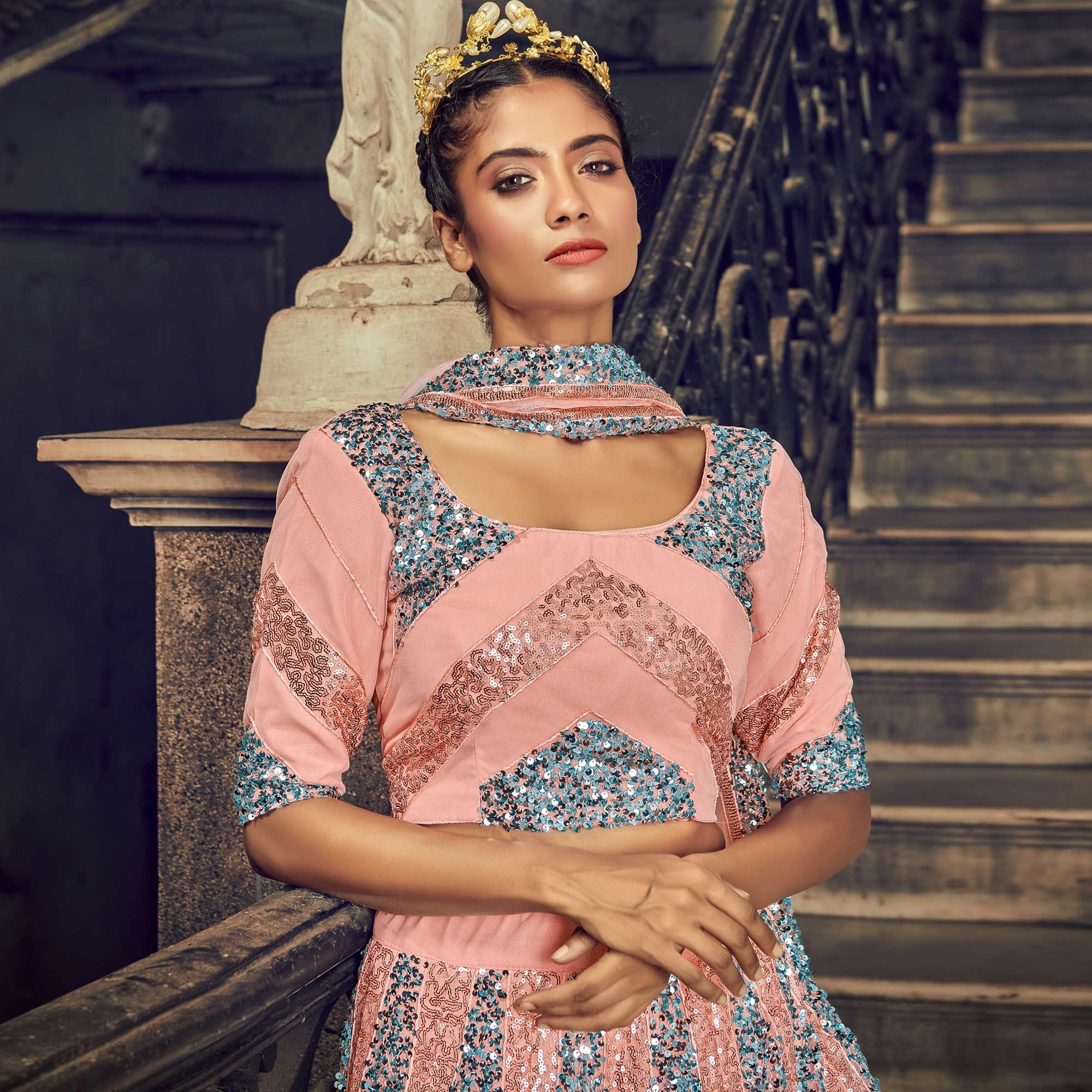 Peach Partywear Sequence Embroidered Net Lehenga Choli - Peachmode