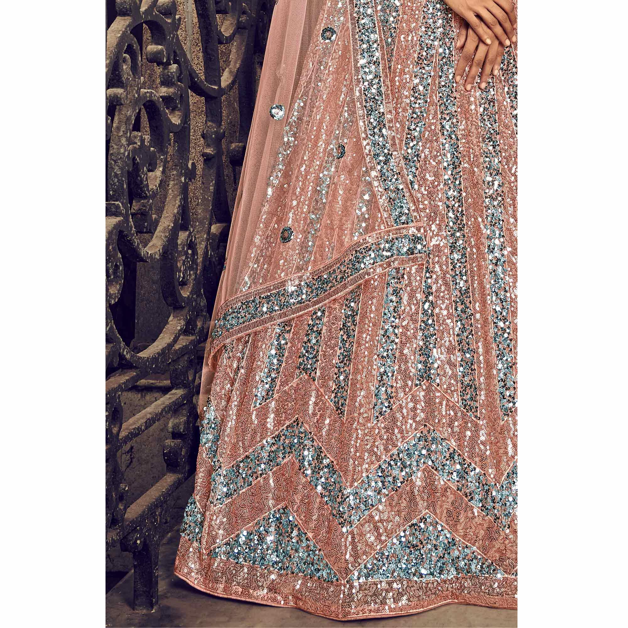 Peach Partywear Sequence Embroidered Net Lehenga Choli - Peachmode