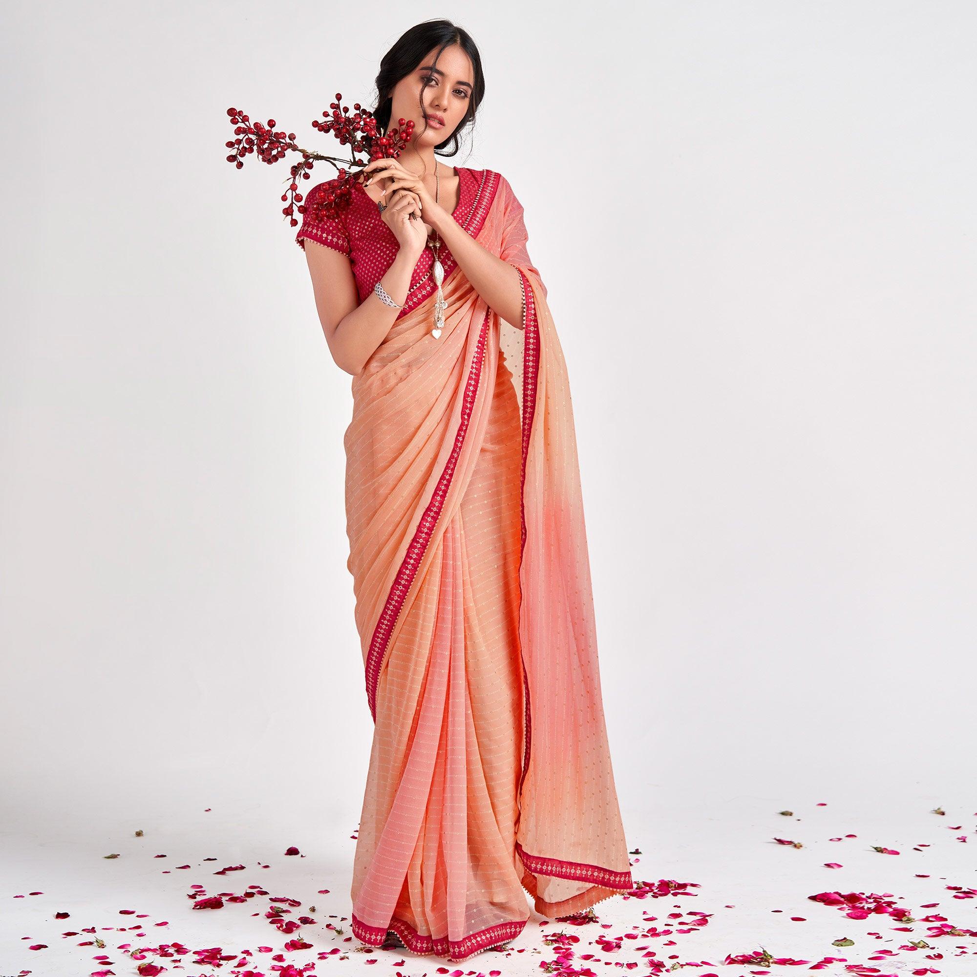 Peach Partywear Sequence Foil Printed Georgette Saree - Peachmode