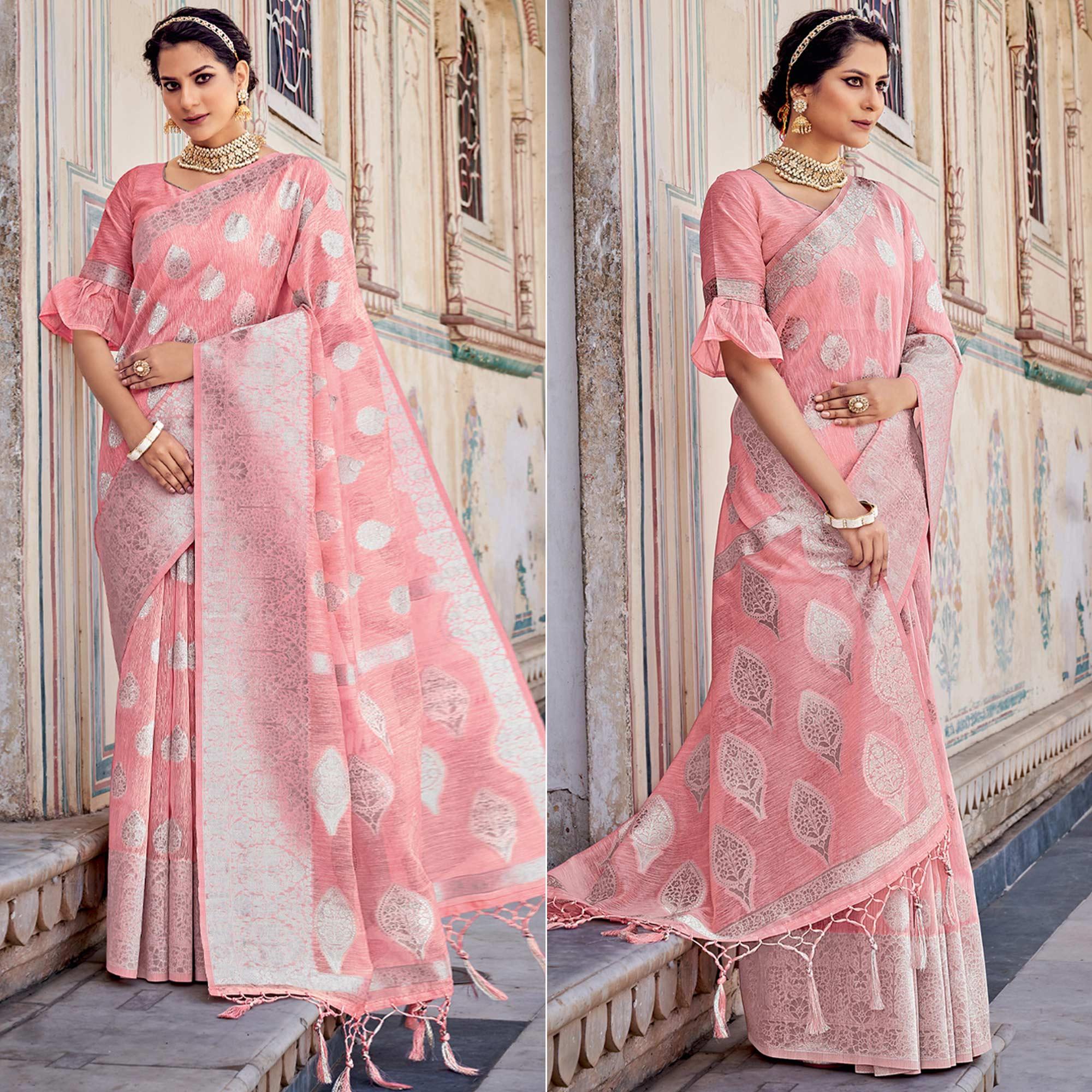 Peach Partywear Silver Zari Work Linen Saree - Peachmode