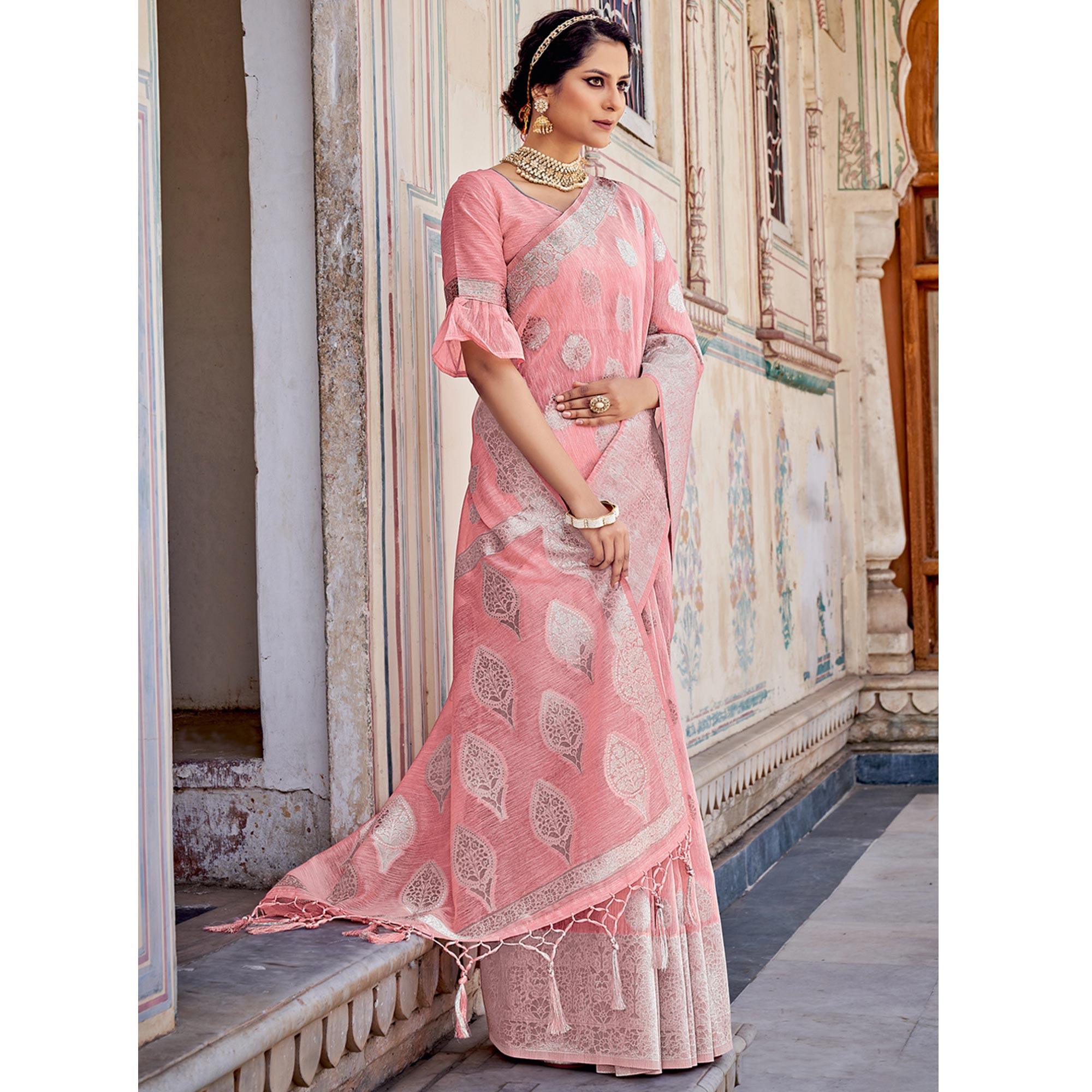 Peach Partywear Silver Zari Work Linen Saree - Peachmode