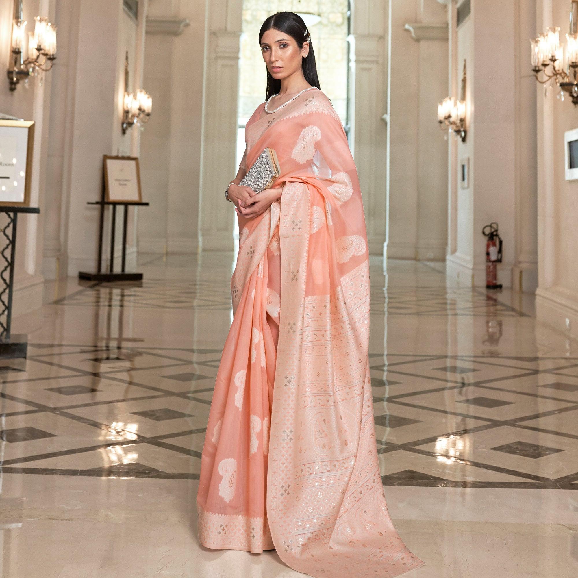 Peach Partywear Woven Chanderi Saree - Peachmode