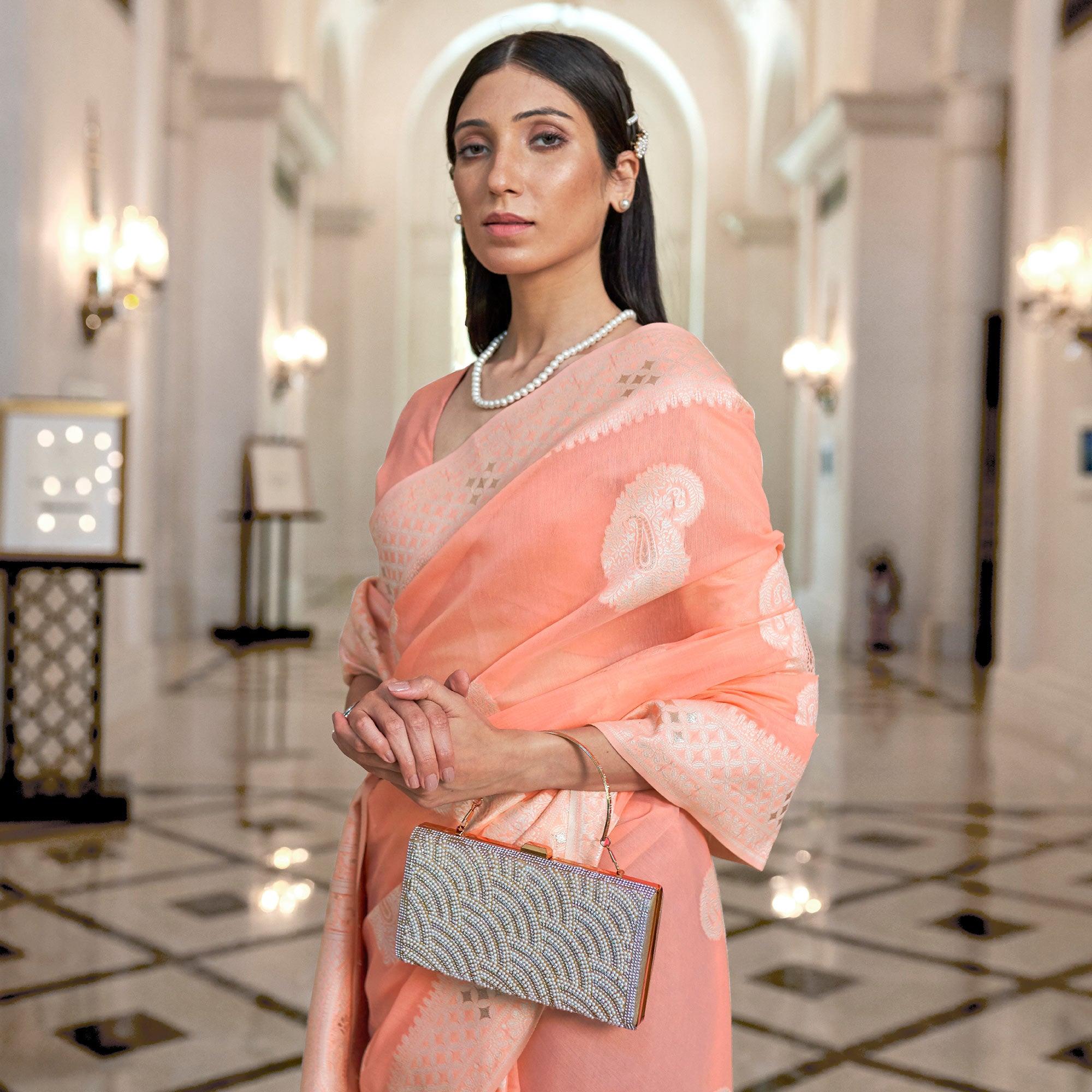 Peach Partywear Woven Chanderi Saree - Peachmode