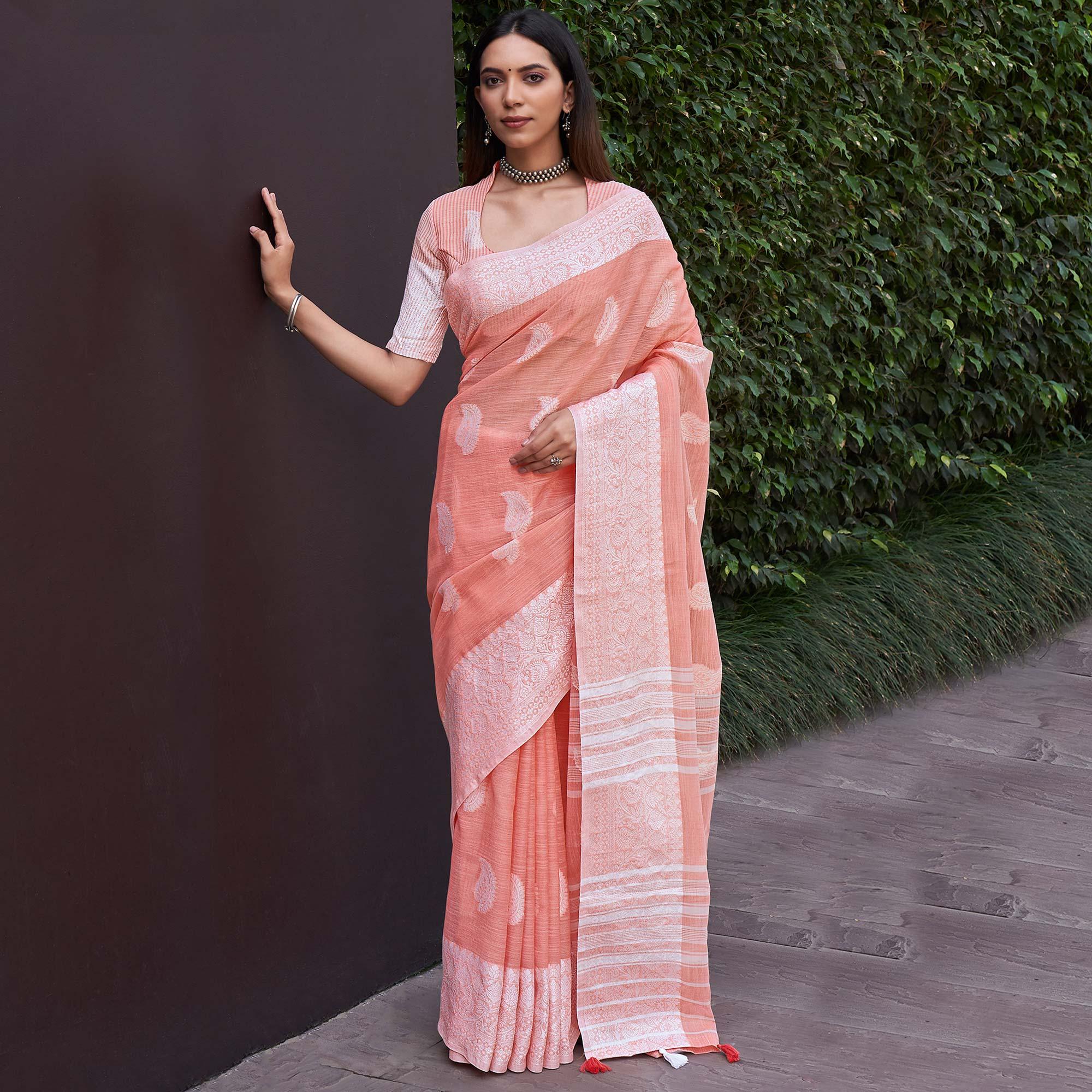 Peach Partywear Woven Linen Saree - Peachmode