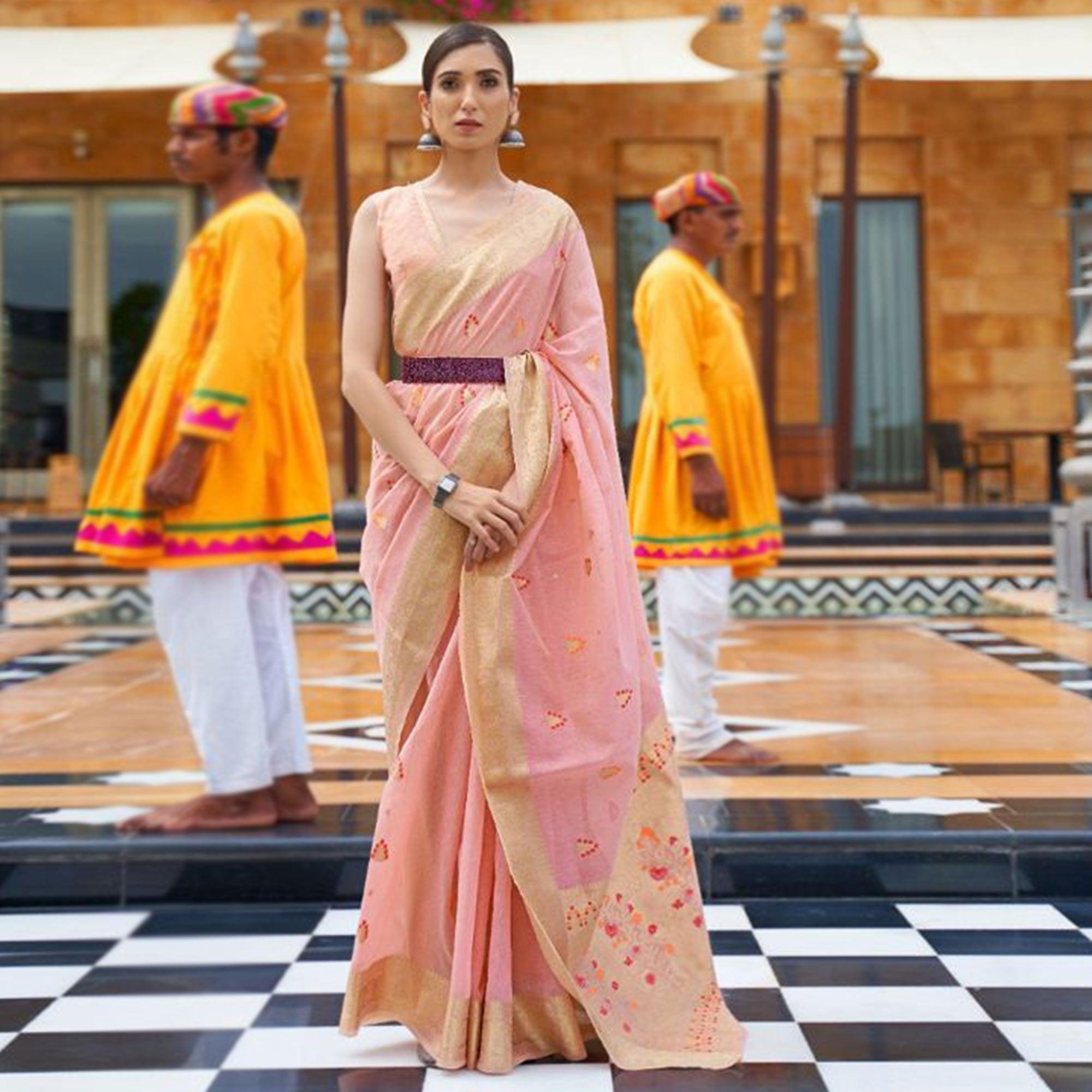 Peach Partywear Woven Pure Linen Saree - Peachmode