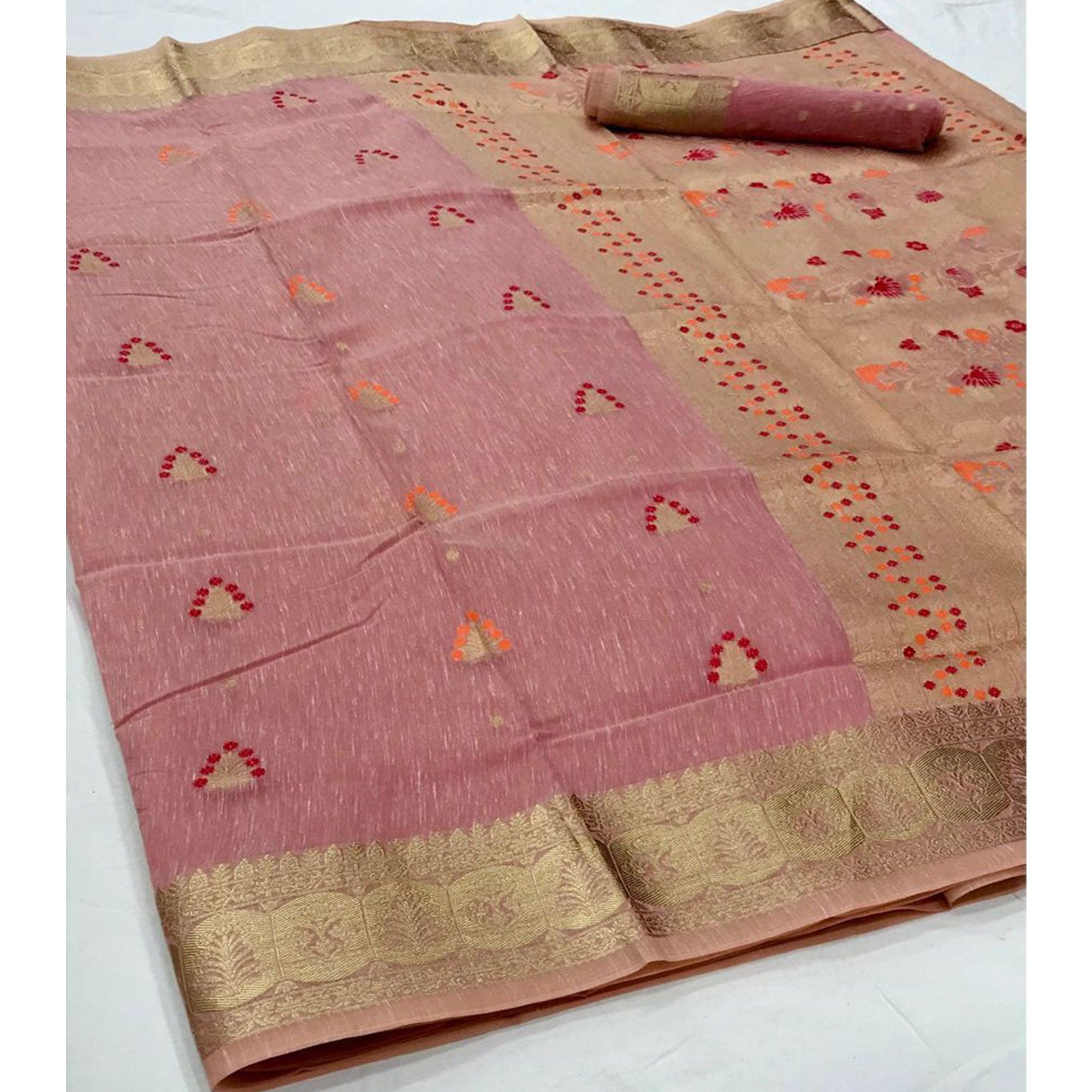Peach Partywear Woven Pure Linen Saree - Peachmode