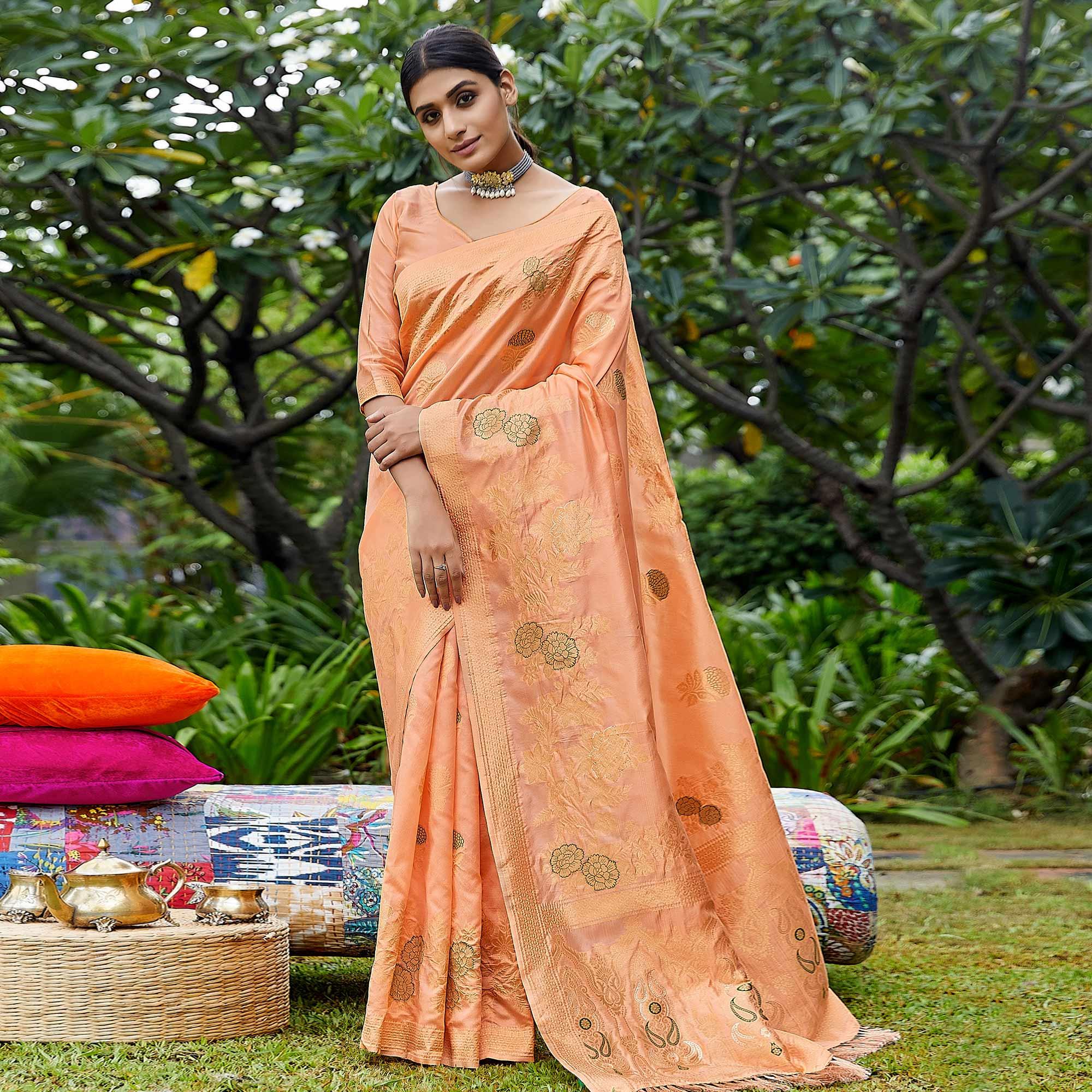 Peach Partywear Woven Silk Saree - Peachmode