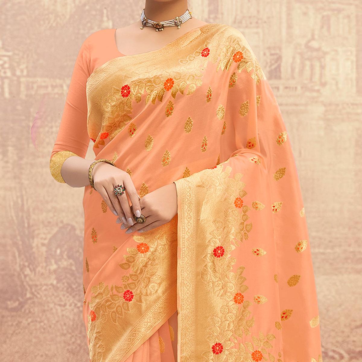 Peach Partywear Woven Silk Saree - Peachmode