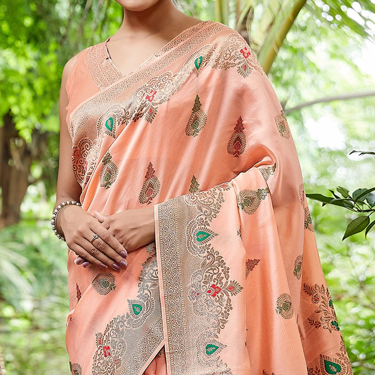 Peach Partywear Woven Silk Saree - Peachmode