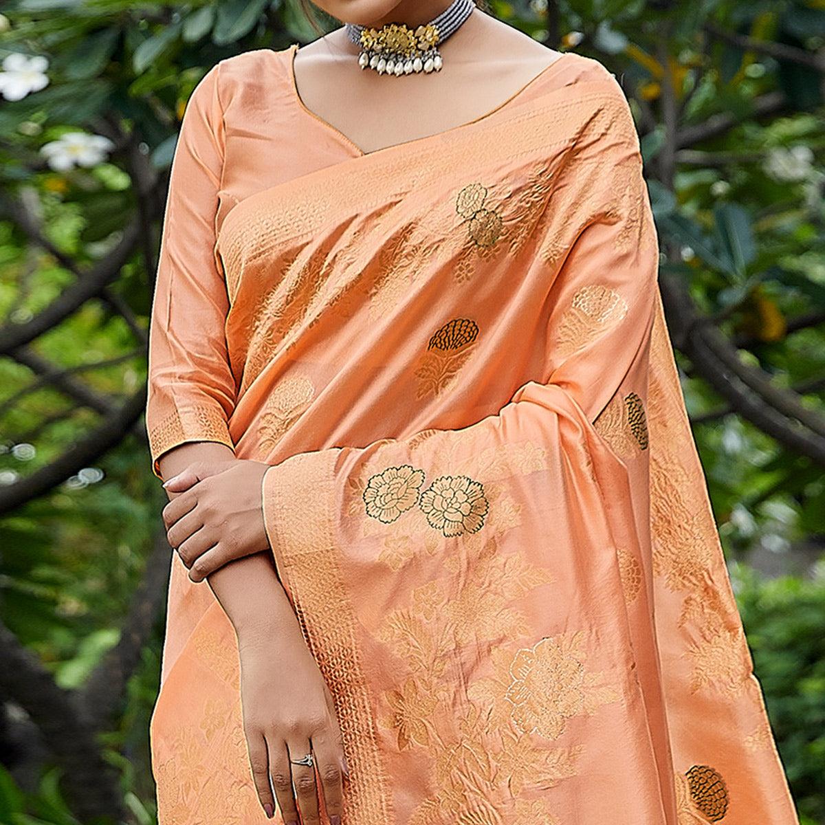 Peach Partywear Woven Silk Saree - Peachmode