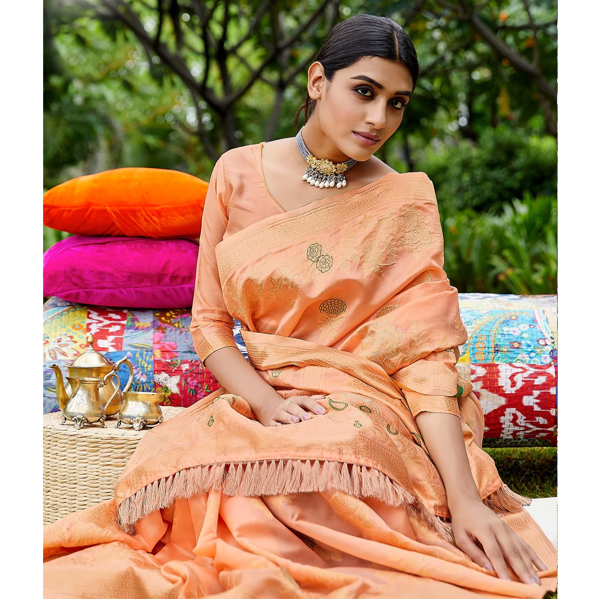 Peach Partywear Woven Silk Saree - Peachmode