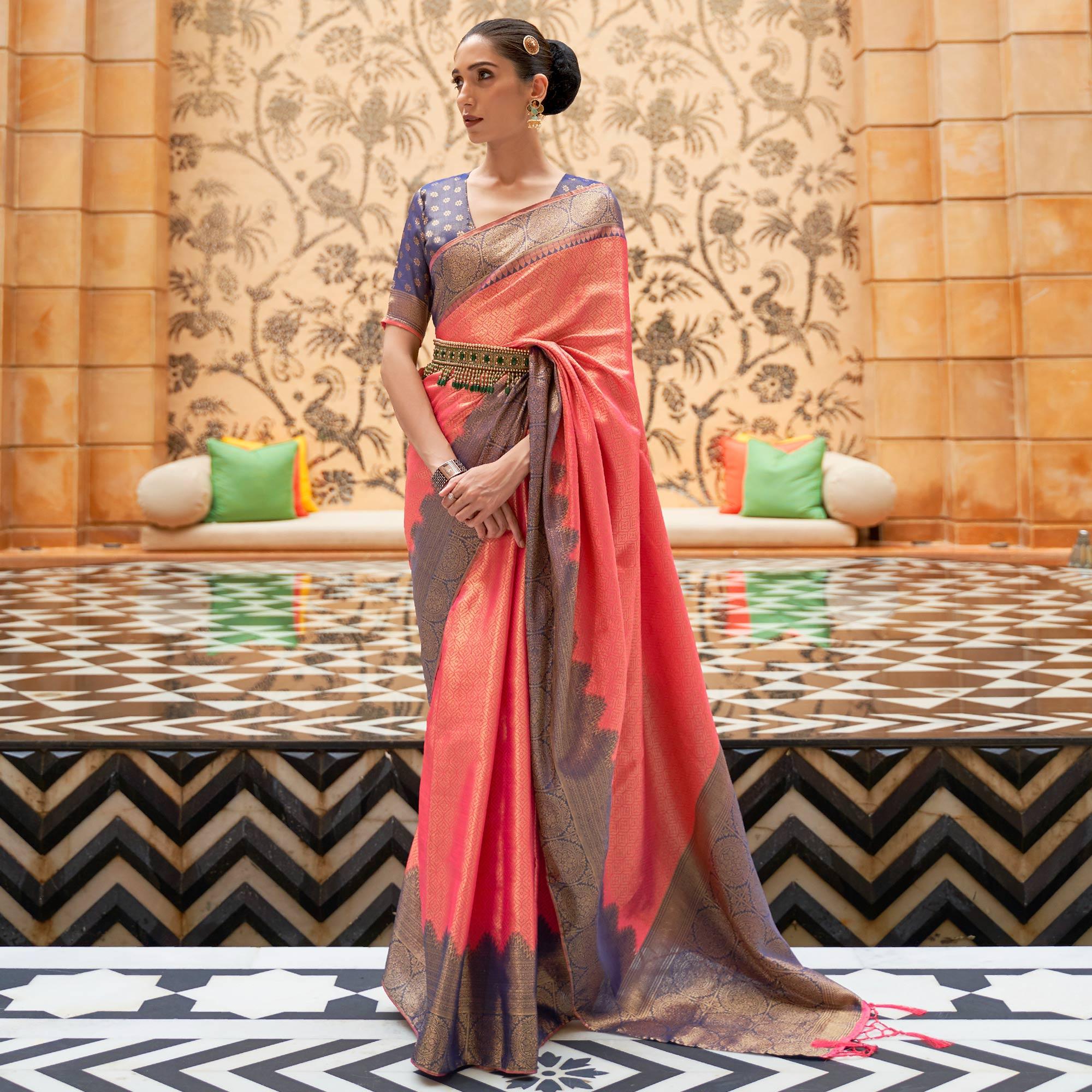 Peach Partywear Zari Woven Pure Silk Saree - Peachmode