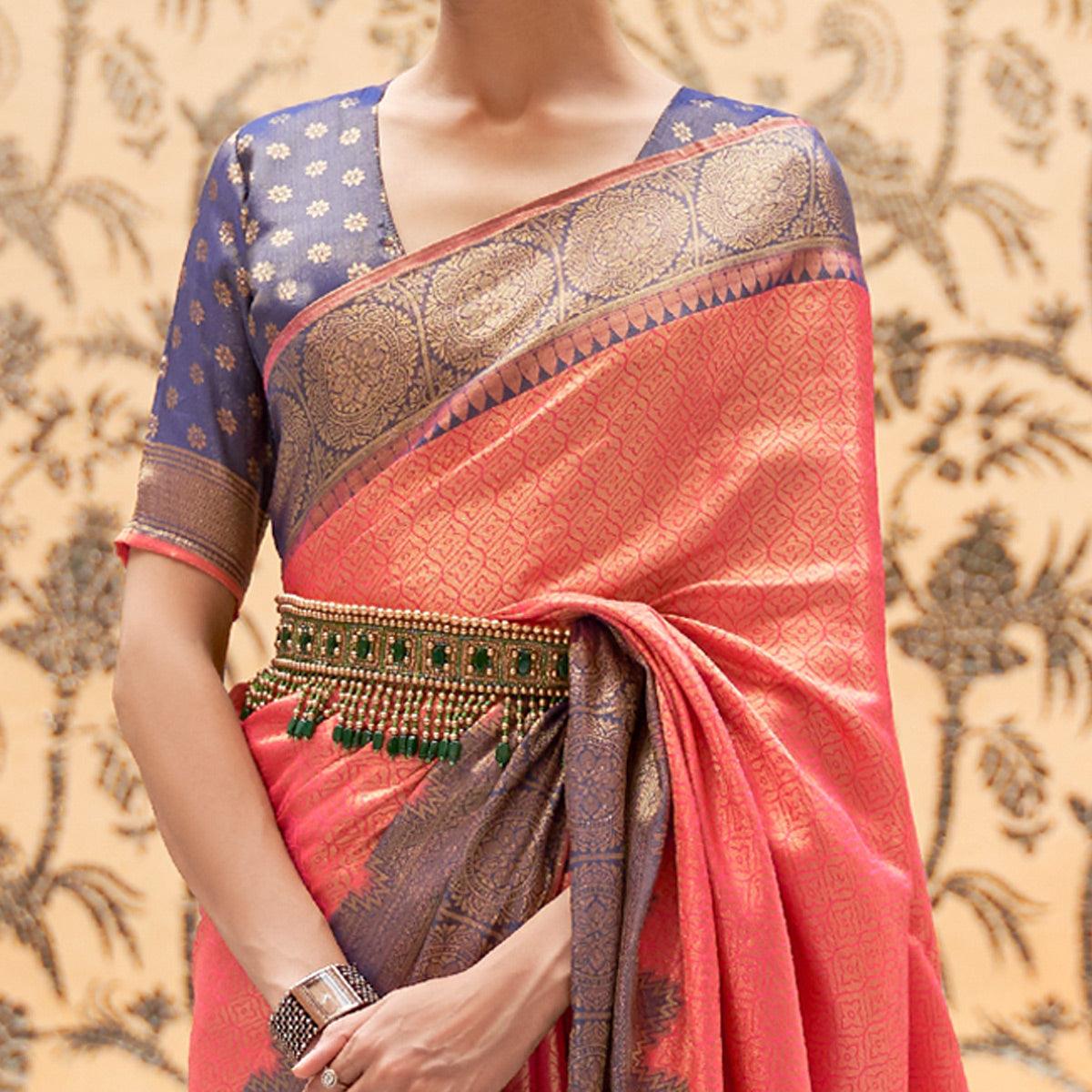 Peach Partywear Zari Woven Pure Silk Saree - Peachmode
