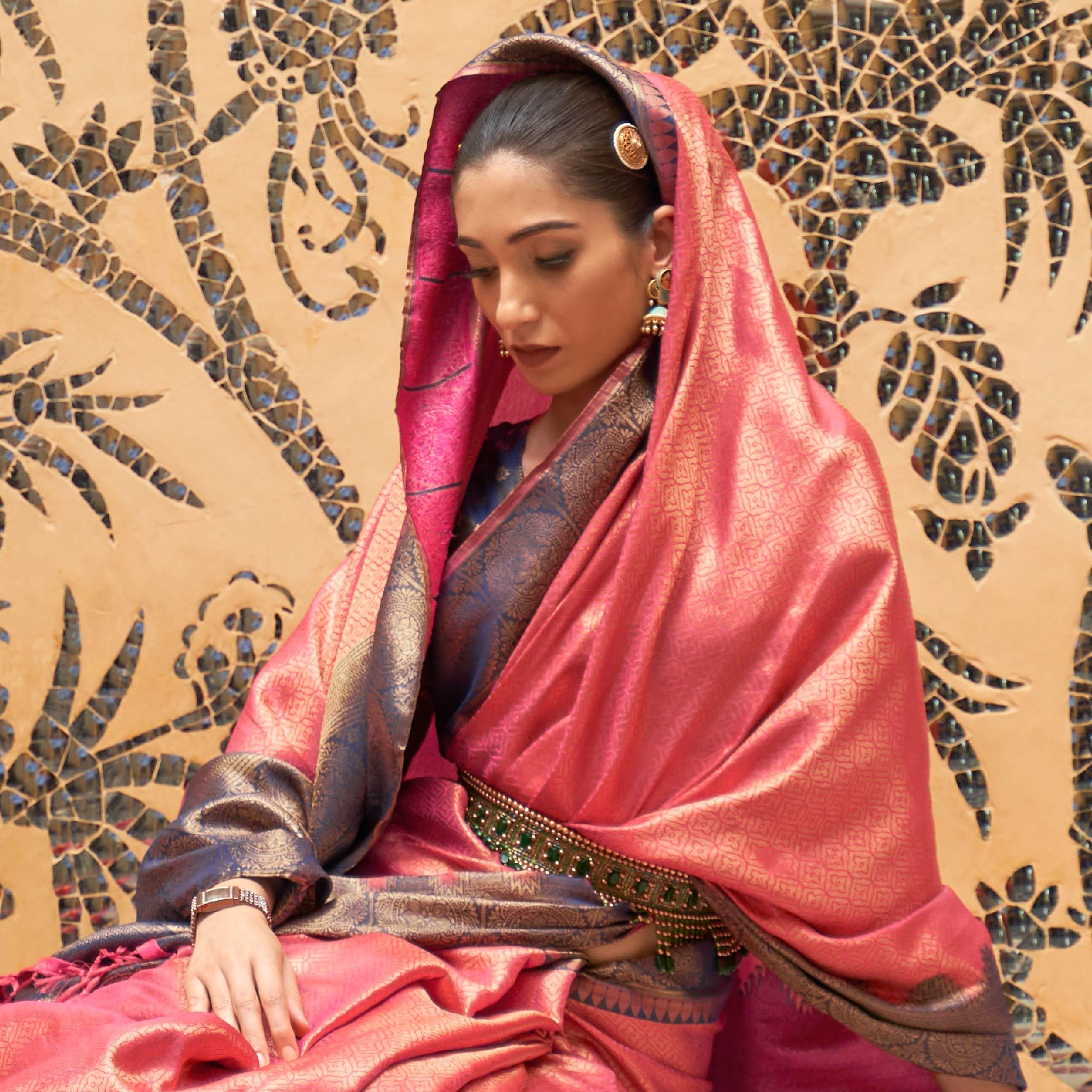 Peach Partywear Zari Woven Pure Silk Saree - Peachmode