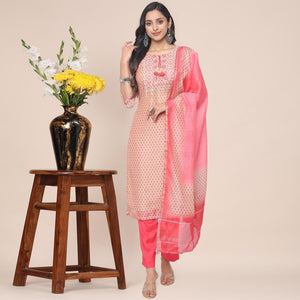 Peach Patywear Embroidered Muslin Kurti Pant Set With Dupatta - Peachmode
