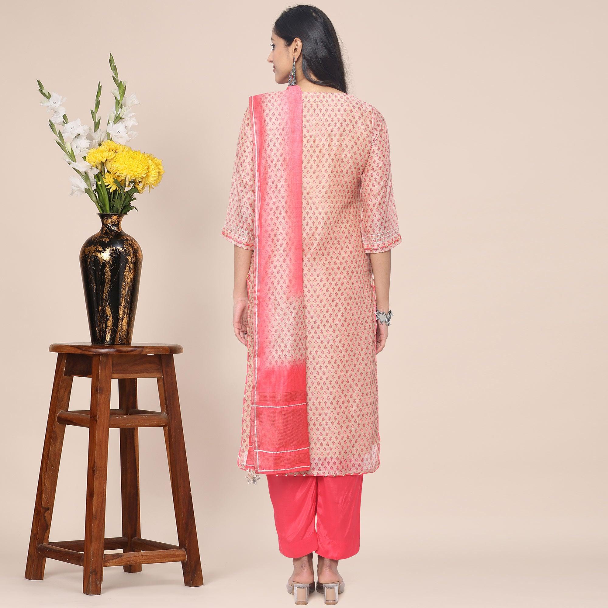 Peach Patywear Embroidered Muslin Kurti Pant Set With Dupatta - Peachmode
