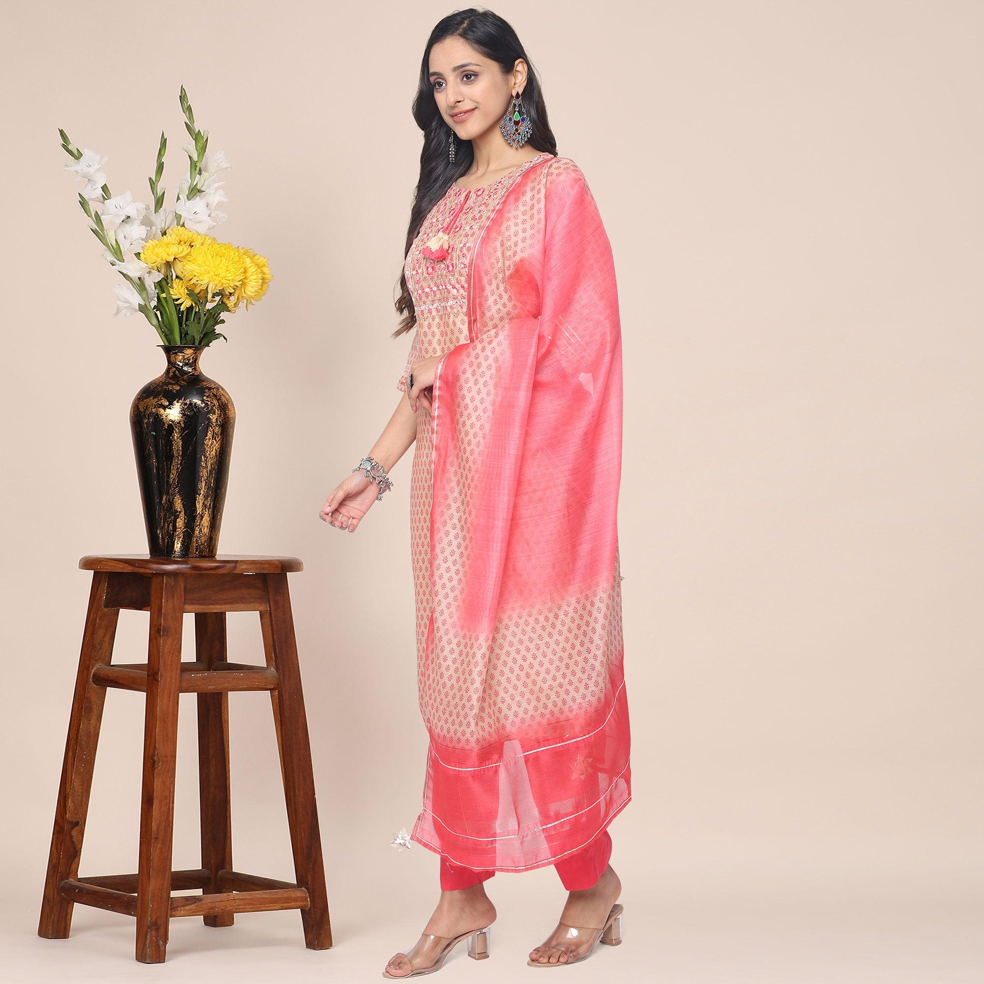Peach Patywear Embroidered Muslin Kurti Pant Set With Dupatta - Peachmode