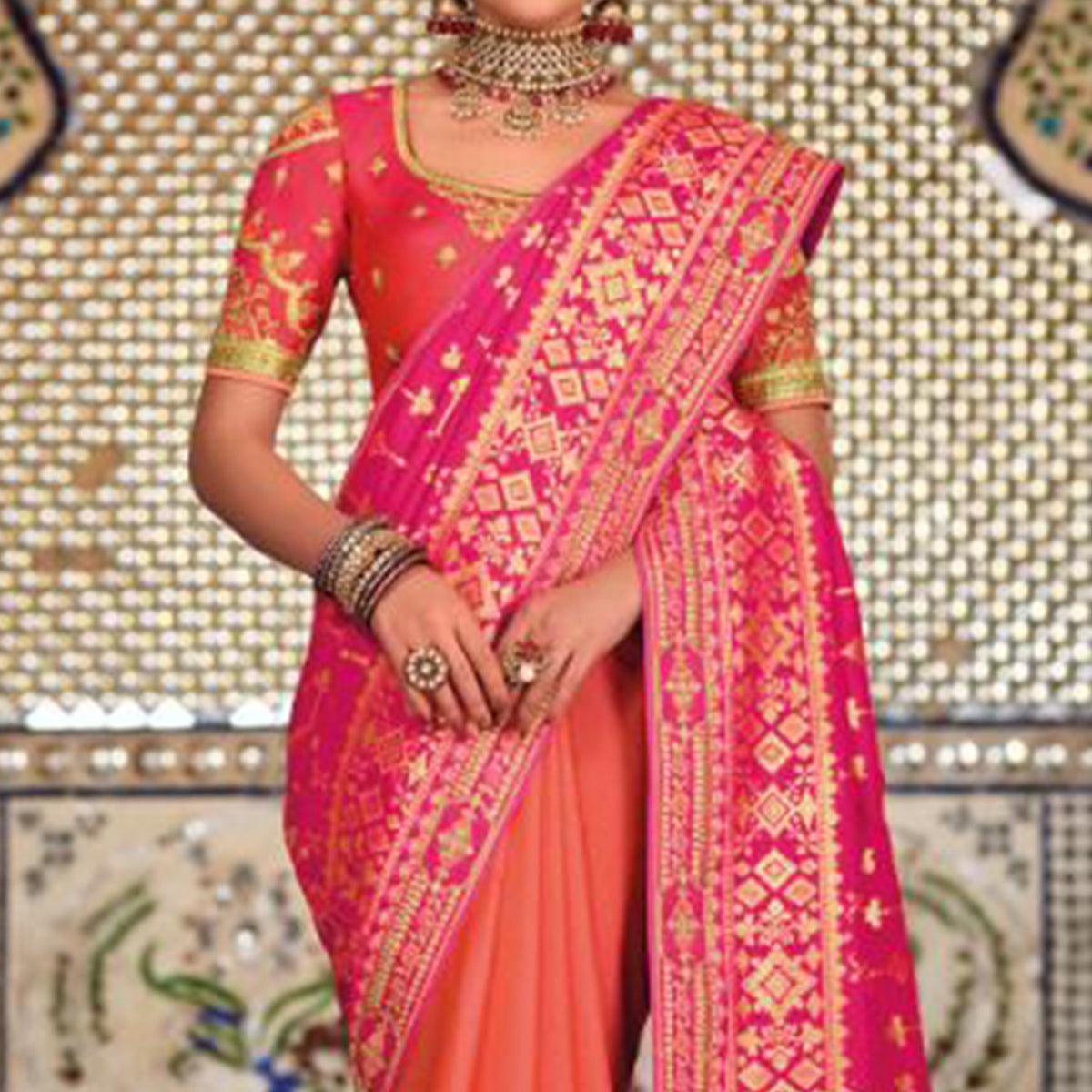 Peach-Pink Festive Wear Woven Banarasi Silk Half & Half Saree - Peachmode