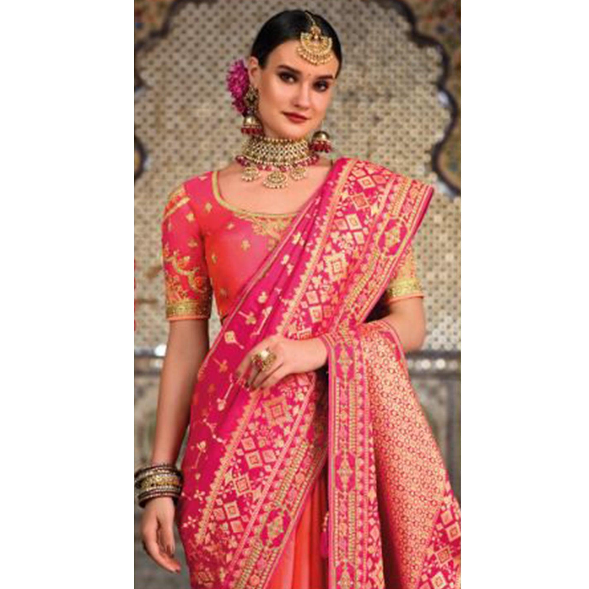 Peach-Pink Festive Wear Woven Banarasi Silk Half & Half Saree - Peachmode