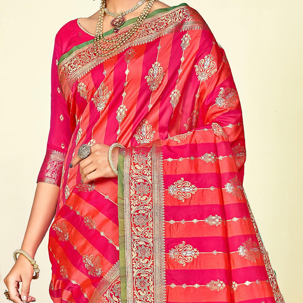 Peach - Pink Festive Wear Woven Handloom Paithani Silk Saree - Peachmode
