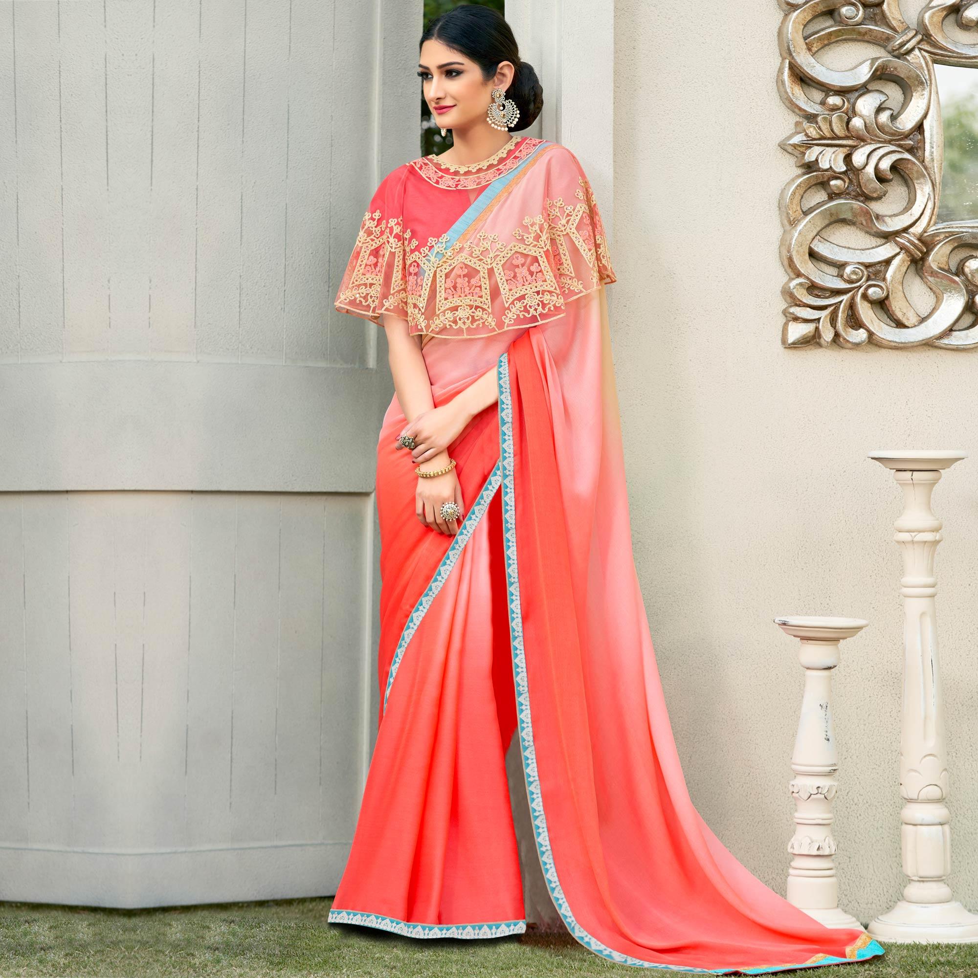 Peach-Pink Partywear Designer Embroidery Lace Border Cadbury Chiffon Saree - Peachmode