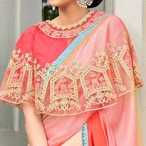 Peach-Pink Partywear Designer Embroidery Lace Border Cadbury Chiffon Saree - Peachmode