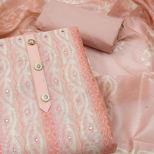 Peach Printed & Mirror Work Chanderi Dress Material - Peachmode