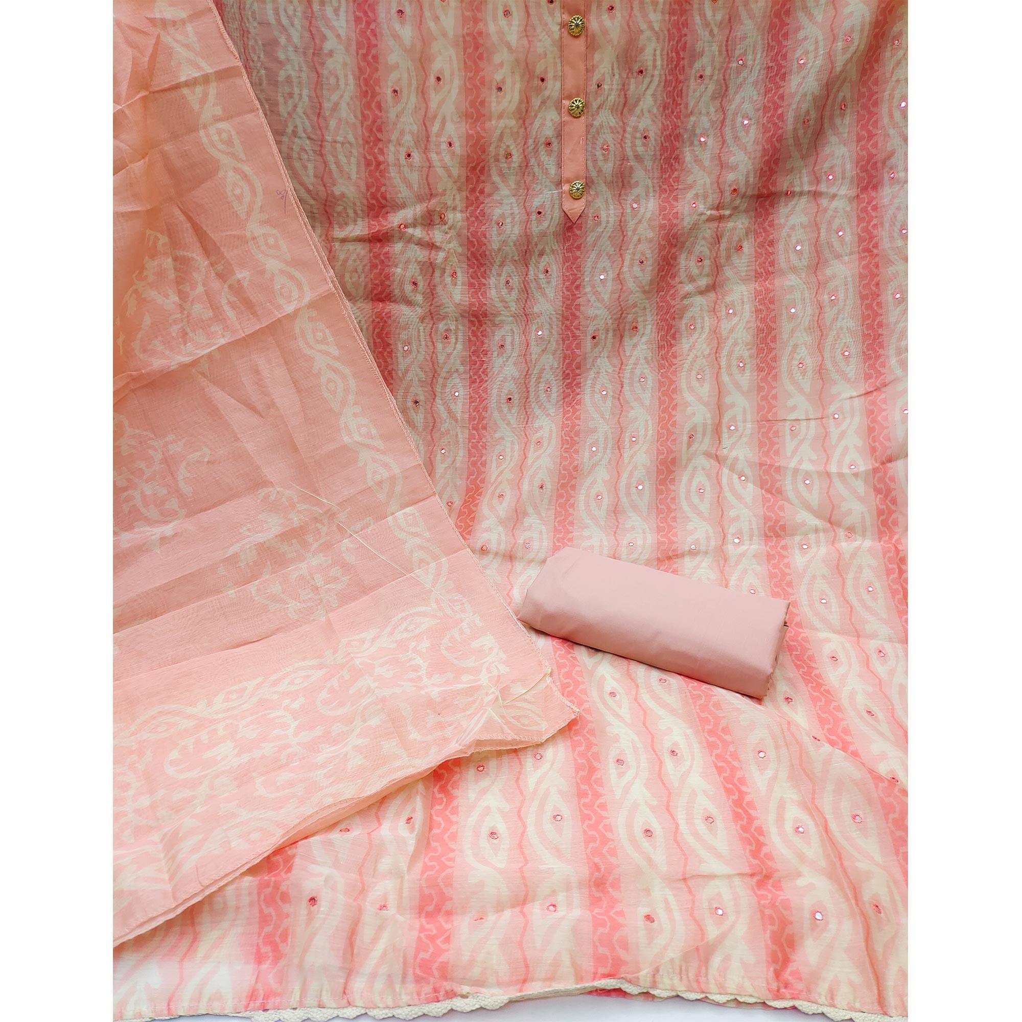 Peach Printed & Mirror Work Chanderi Dress Material - Peachmode