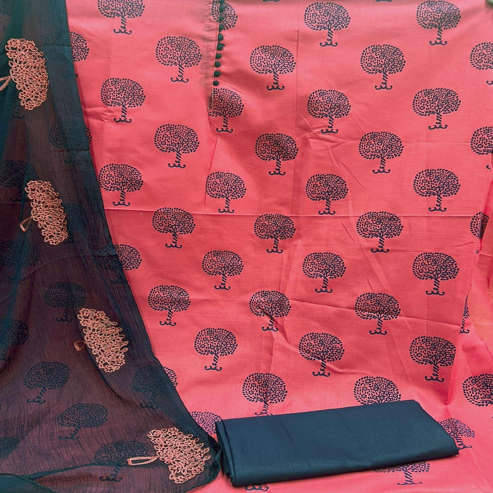 Peach Printed Cotton Dress Material - Peachmode