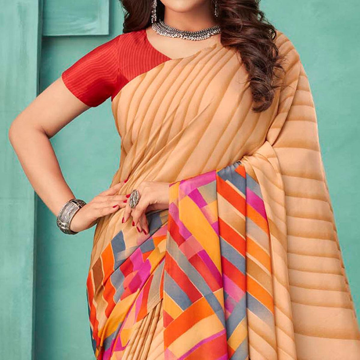 Peach Printed Crepe Saree - Peachmode