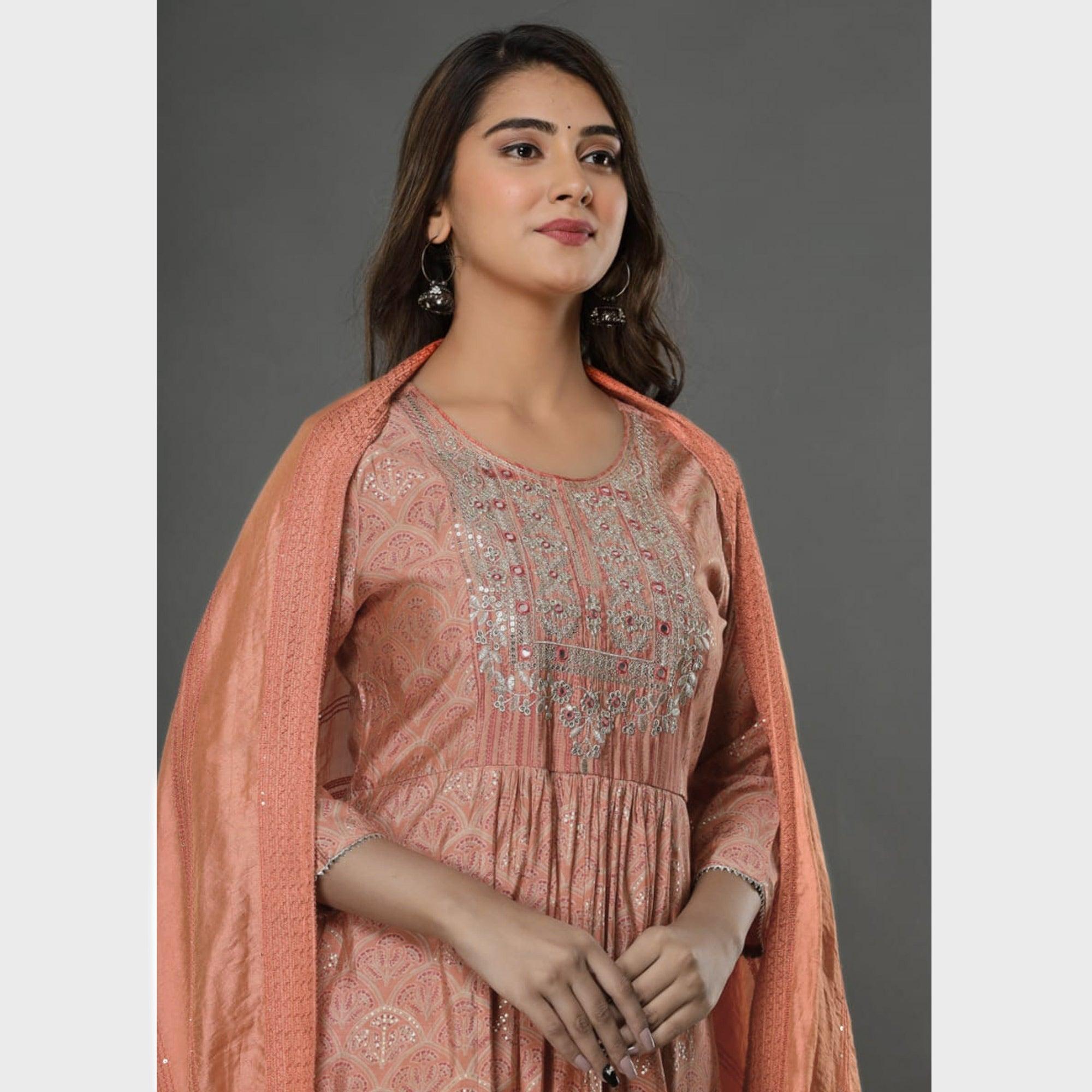 Peach Printed-Embroidered Muslin Anarkali Suit - Peachmode
