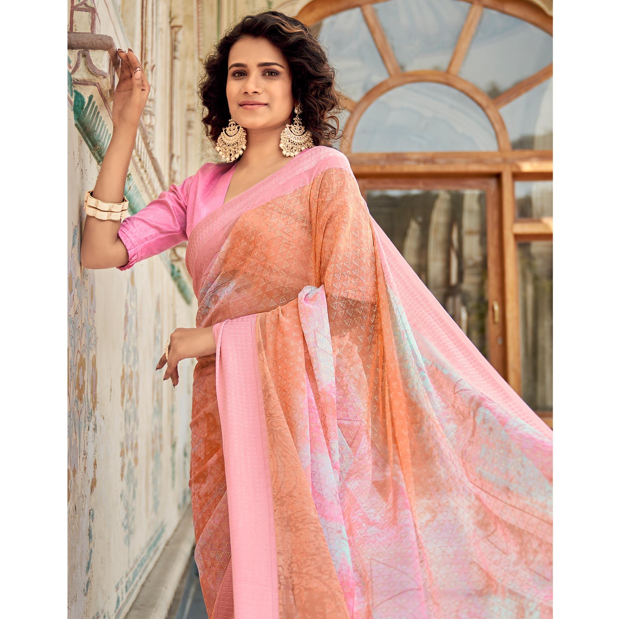 Peach Printed Georgette Saree With Tassels - Peachmode