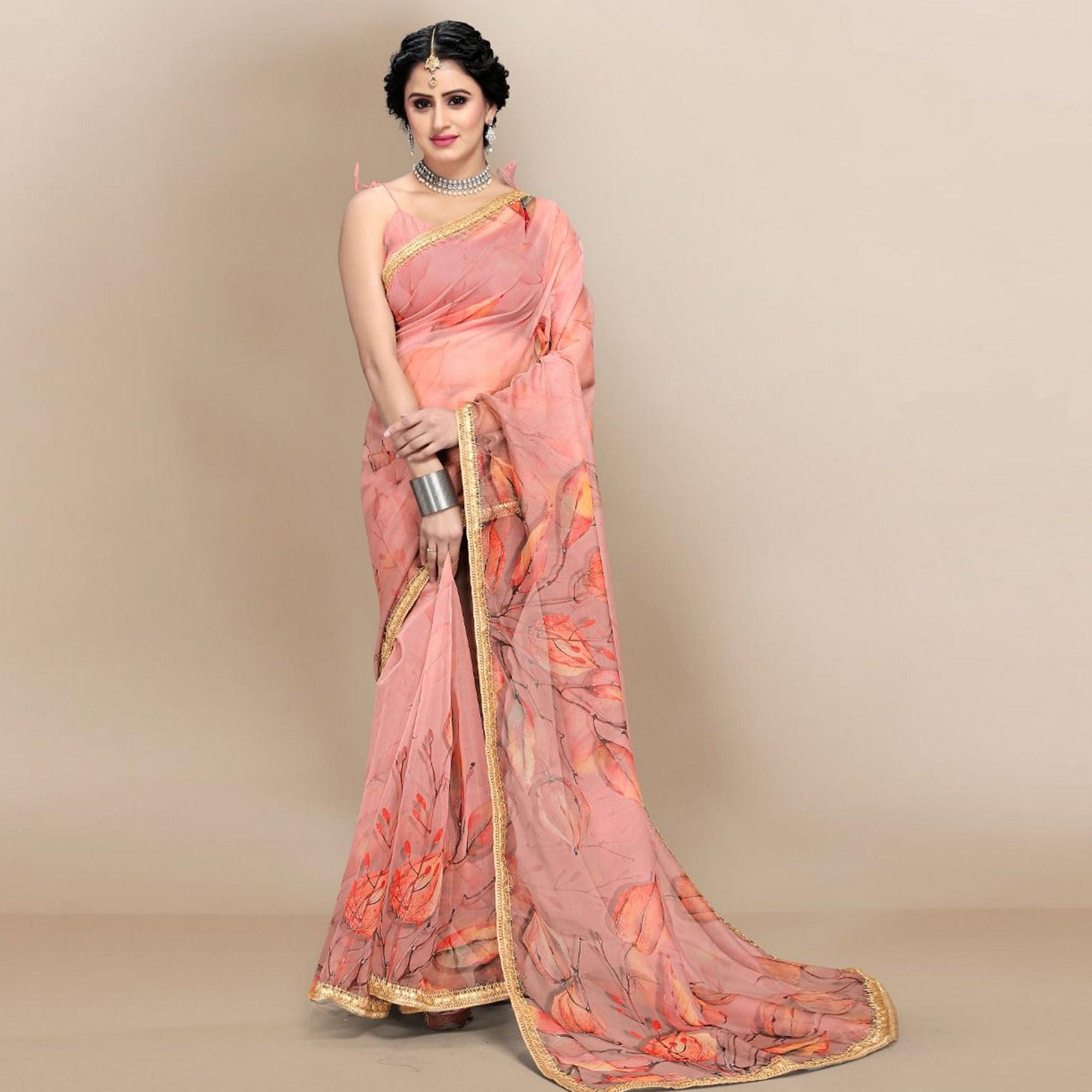 Peach Printed Organza Saree - Peachmode