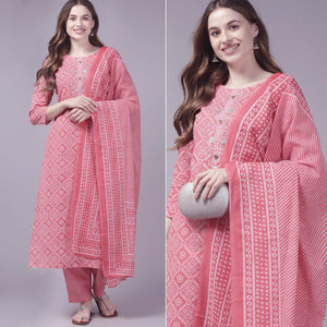 Peach Printed Pure Cotton Kurti Pant Set with Dupatta - Peachmode