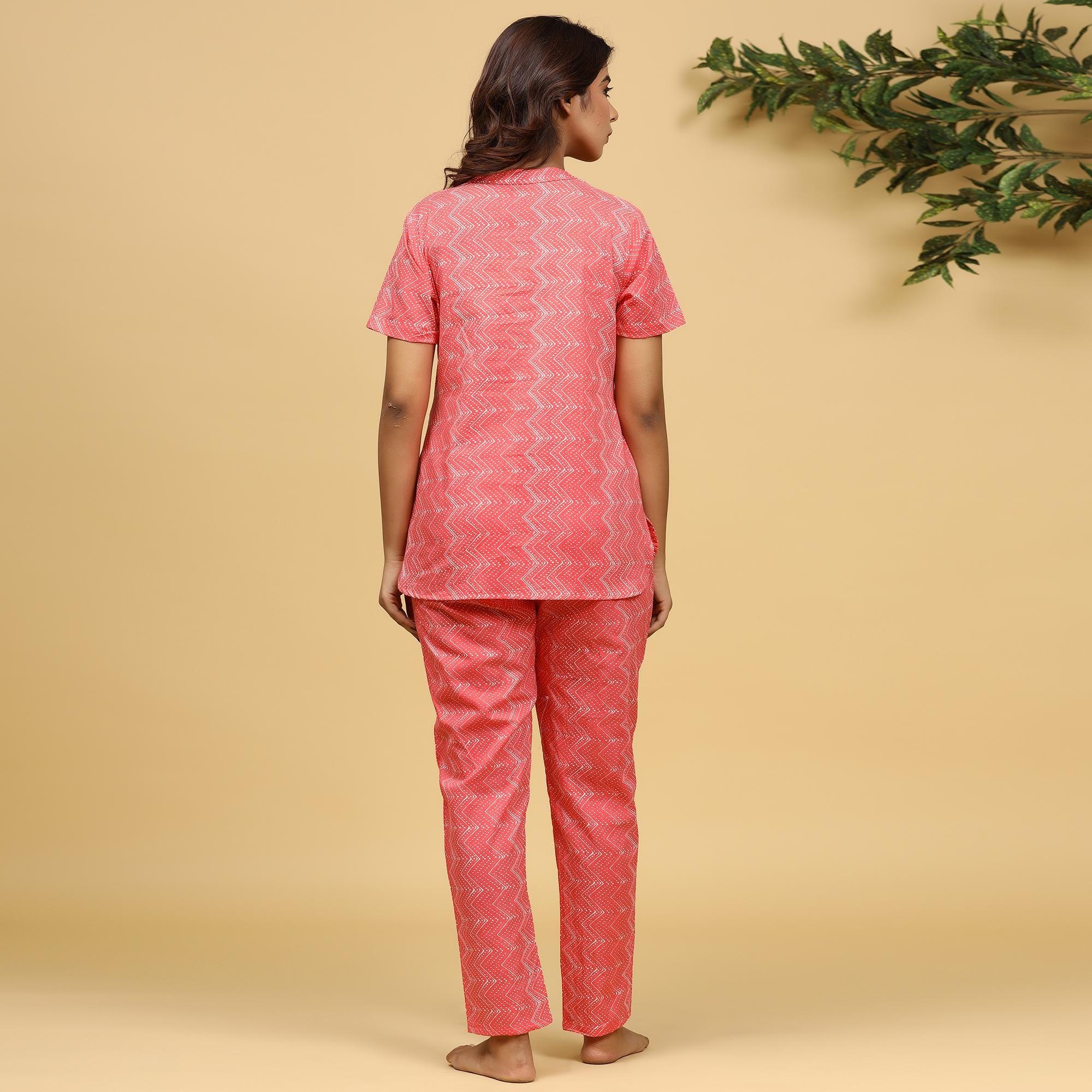 Peach Printed Pure Cotton Night Suit - Peachmode