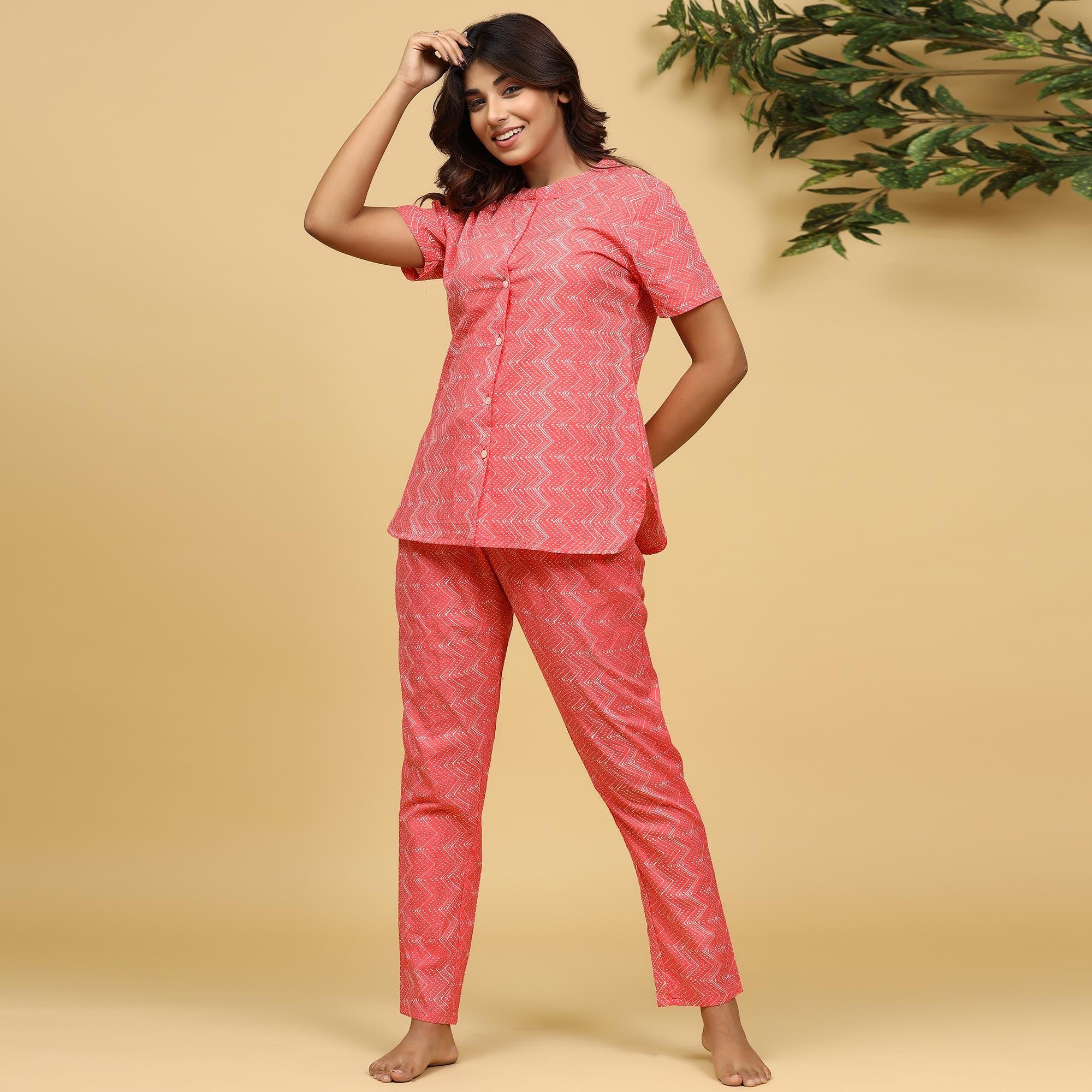 Peach Printed Pure Cotton Night Suit - Peachmode
