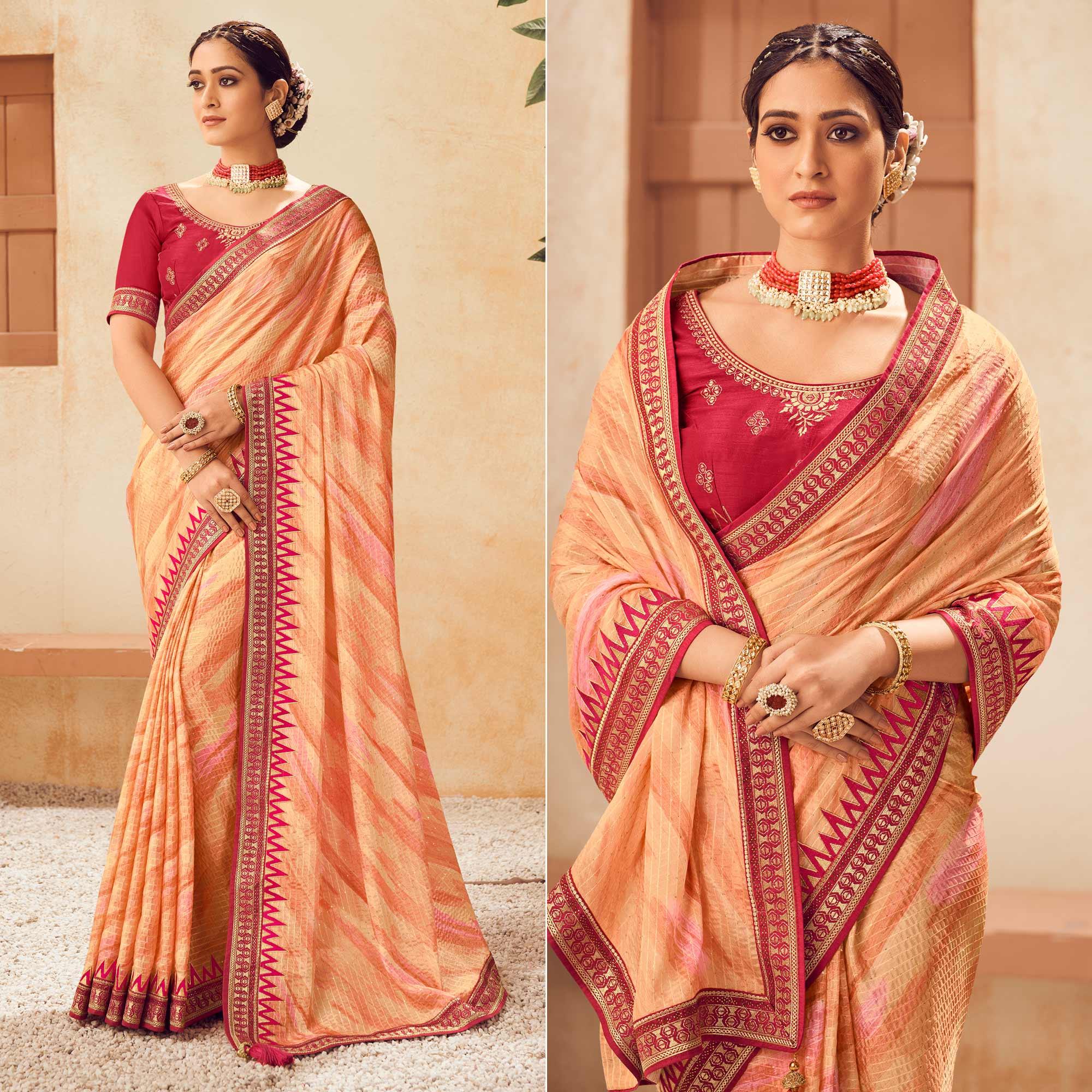 Peach Printed With Embellished Chiffon Saree With Tassels - Peachmode