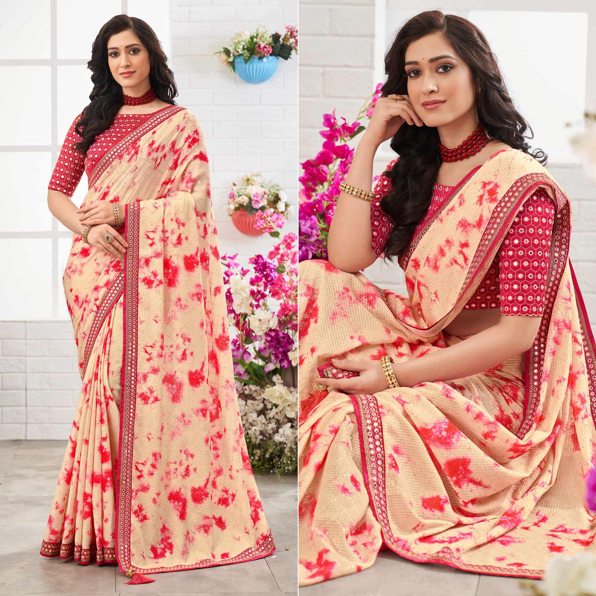 Peach Printed With Embellished Chiffon Saree With Tassels - Peachmode