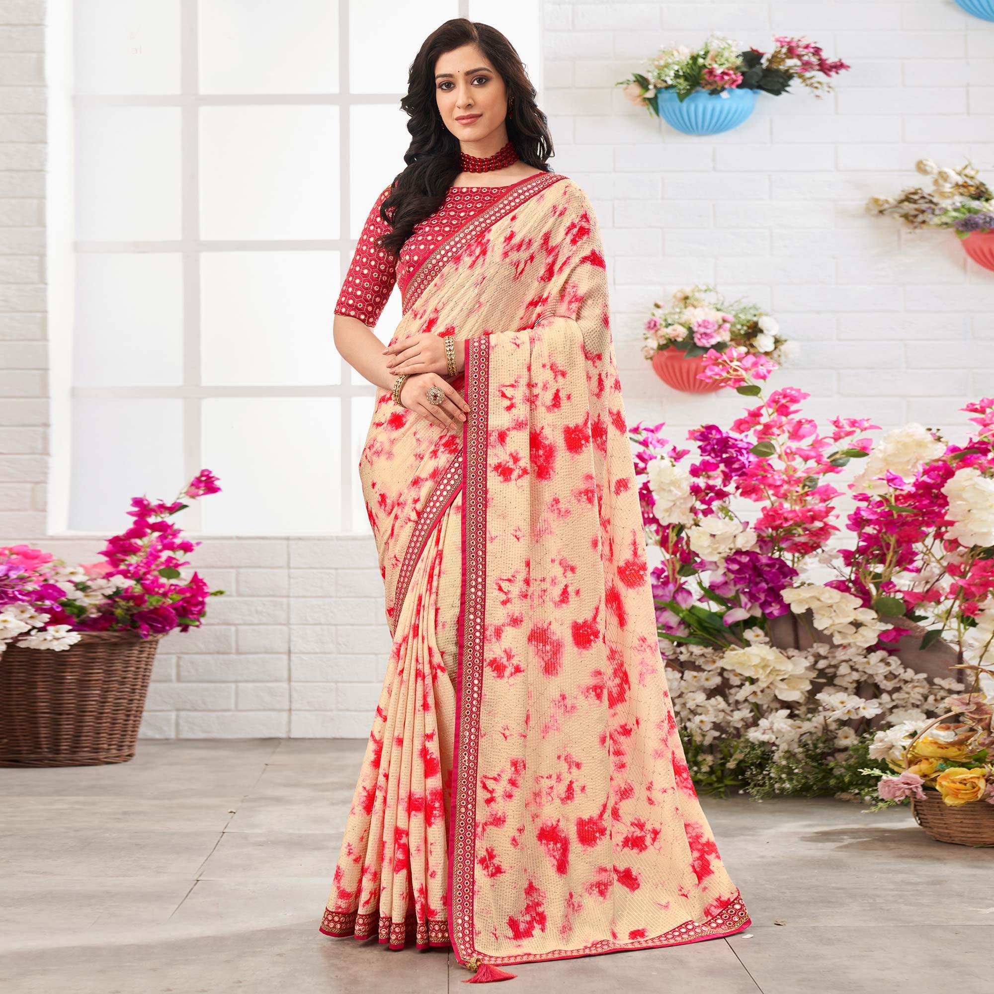 Peach Printed With Embellished Chiffon Saree With Tassels - Peachmode