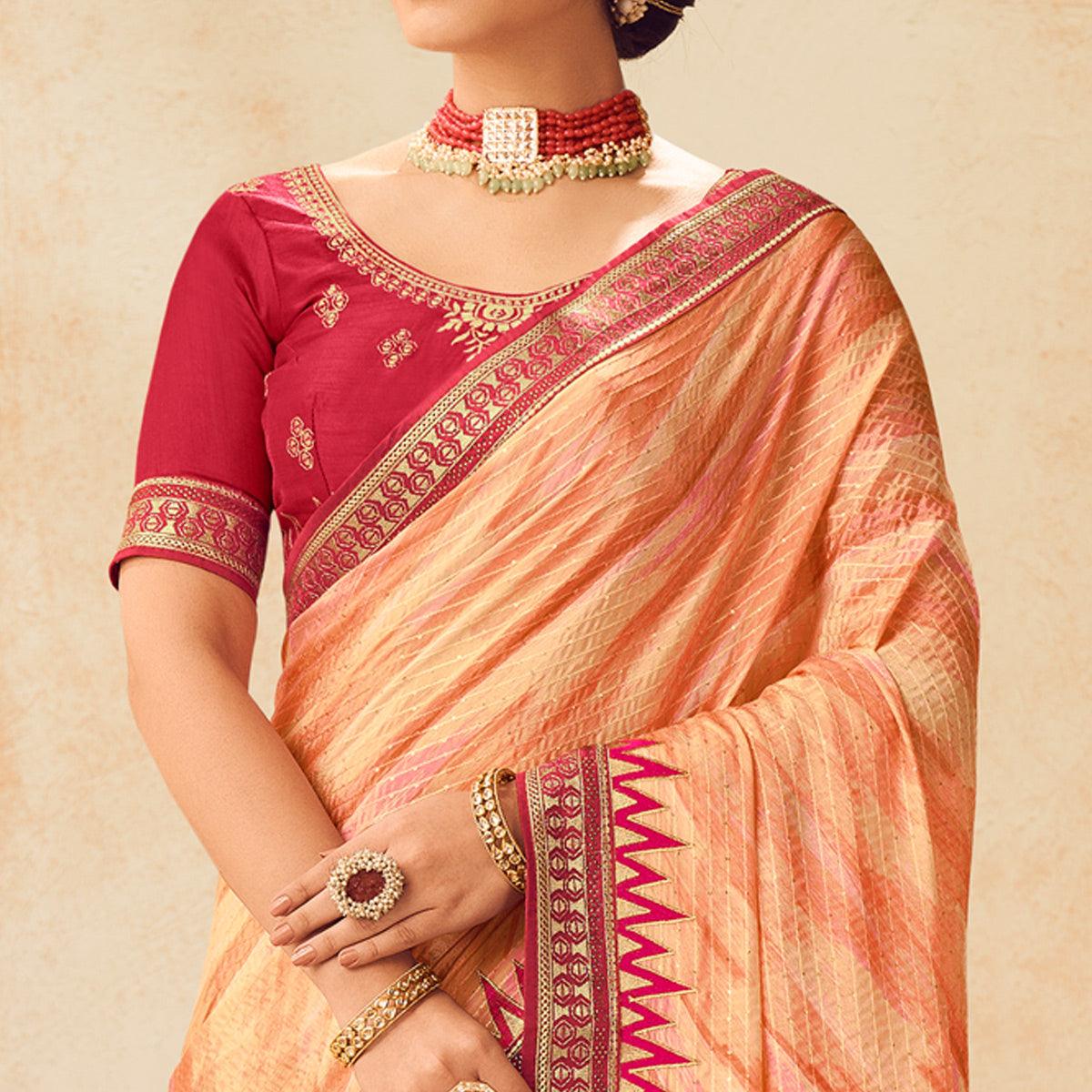 Peach Printed With Embellished Chiffon Saree With Tassels - Peachmode