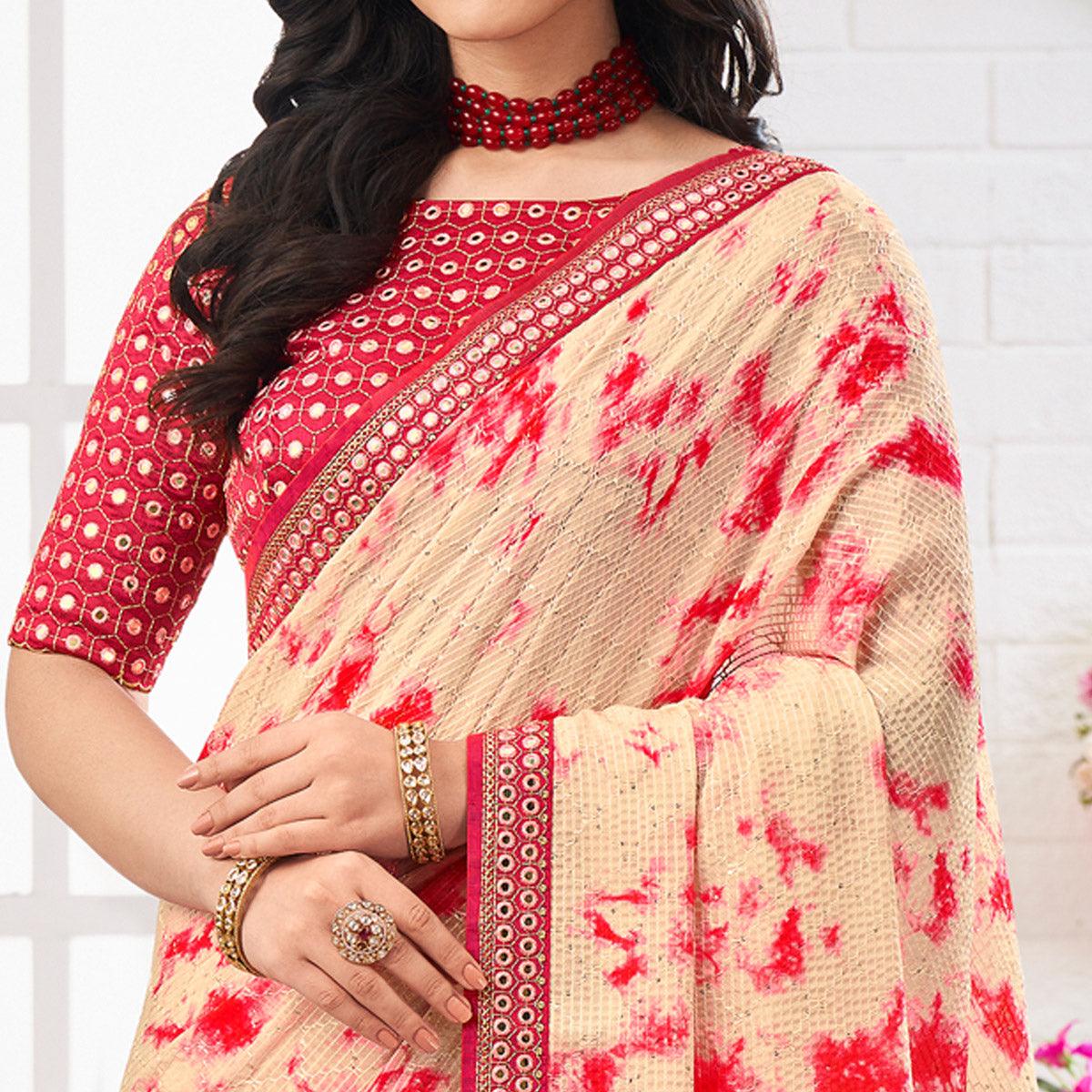 Peach Printed With Embellished Chiffon Saree With Tassels - Peachmode