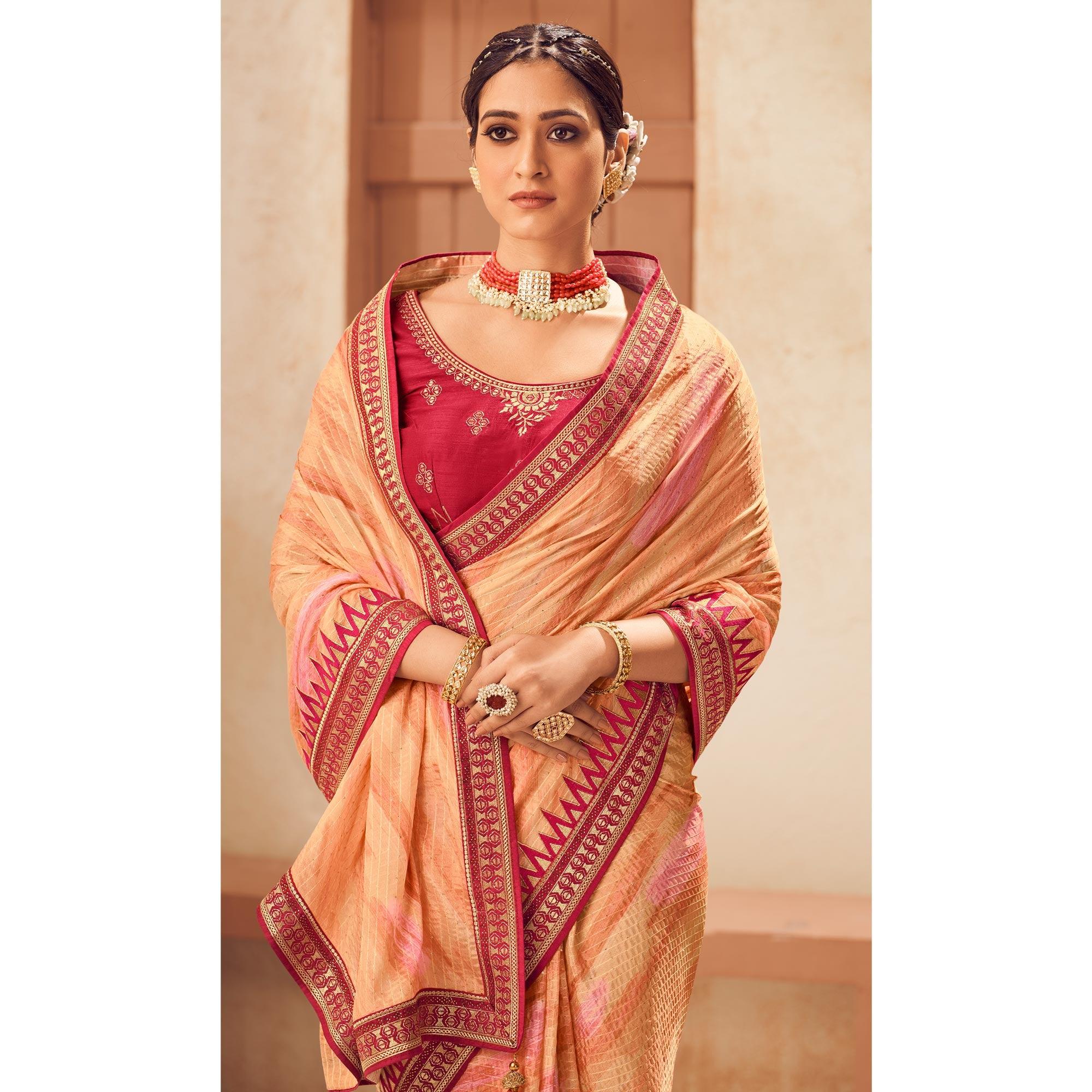Peach Printed With Embellished Chiffon Saree With Tassels - Peachmode