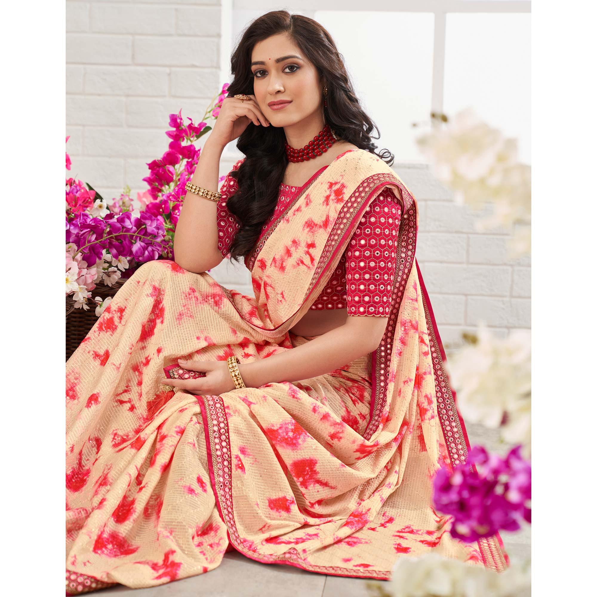 Peach Printed With Embellished Chiffon Saree With Tassels - Peachmode